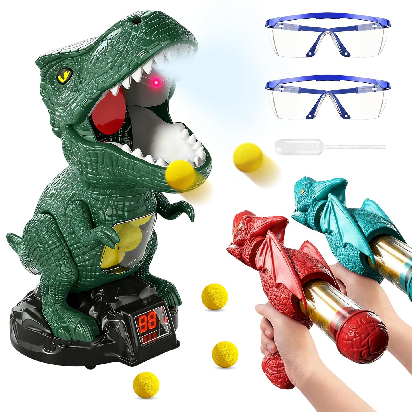 Movable Dinosaur Shooting Toys for Kids - Electronic Target Shooting Games with 2 Pump Blaster/24 Balls/Water Mist Spray/Score Record/LED & Sound Toy Foam Blasters Gift for Children Age 3 4 5 6 7 8
