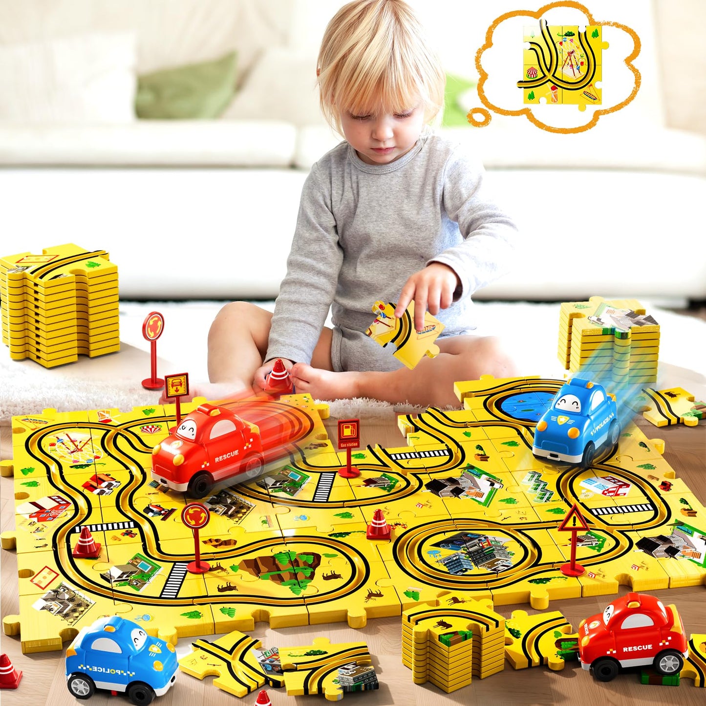 Beby Buty 48PCS Puzzle City Racer Car Track Set Toys for Kids, Toys Gifts for 3 4 5 Year Old Boys, Puzzle Racer Kids Car Track Set Ages 3-5 4-6, 3 4 5 Year Old Boys