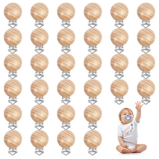 32 Pieces Natural Beech Wood Pacifier Clips Charm DIY Pacifier Holder Clips Teething Grasping Toy Suspender Clips for Pacifier Chain Accessory