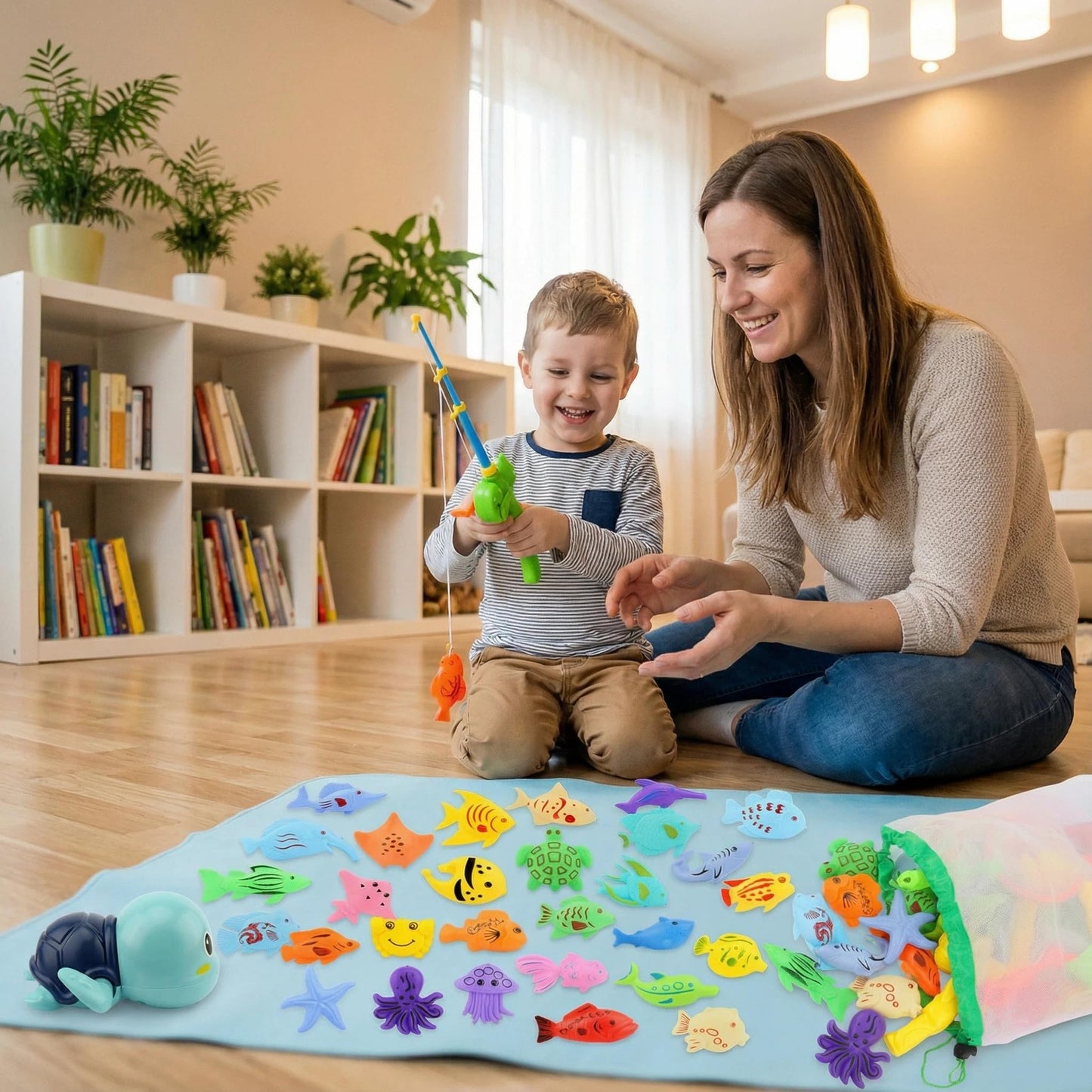 AUUGUU Magnetic Fishing Pool Toys Game, Water Table Bathtub Bath Toy - Pole Rod Floating Fish, Birthday Party Gifts for Toddler Age 3 4 5 6 Year Old, Kids Outdoor Toys