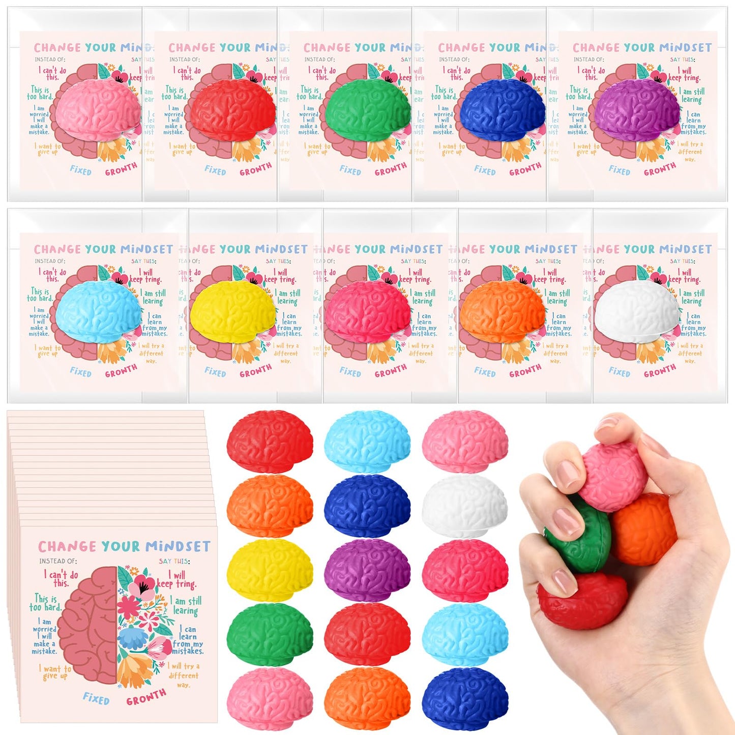 Hollowfly 50 Set Growth Mindset Gift Mini Brain Stress Balls Bulk Funny Relief Squeeze Balls Inspirational Stress Reliever Employee Appreciation Gifts for Adult Coworkers Staff Volunteer