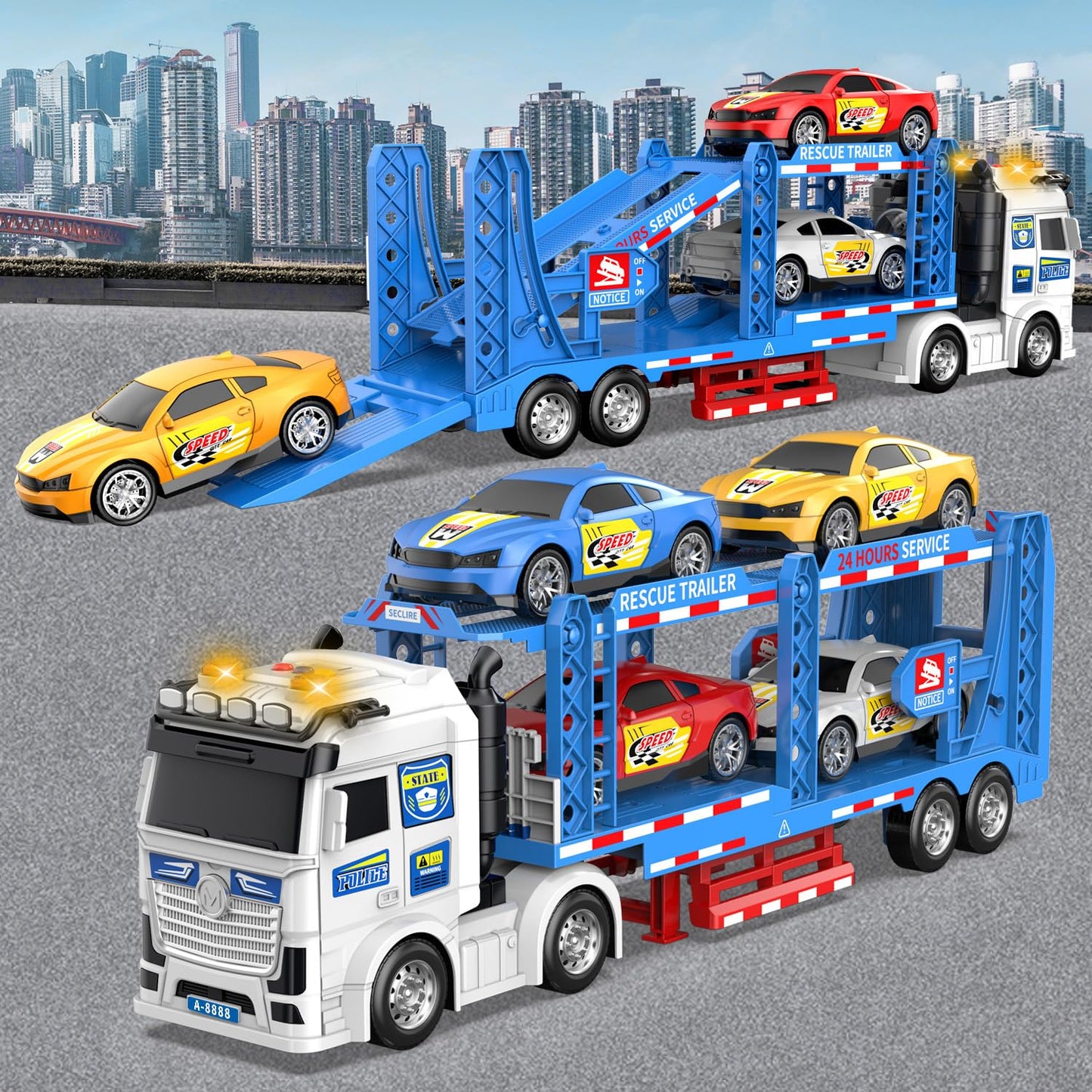 DOWELLIN Carrier Truck Race Car Toys for 3 4 5 6 7 Years Kids, 21.5" Friction Powered Double Layer Semi Transport Truck Toy with 4 Racing Cars, Lights&Sounds Vehical Toys, Xmas Gift for Boy Girl-Blue