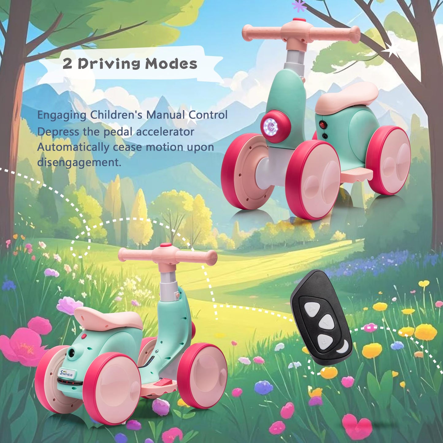 6V Electric Baby Balance Bike for 1 Year Old Boys Girls Ride on Toys 12-36 Months Toddler Balance Bike, 4 Wheels Kids First Bike with Remote Control First Birthday Gifts- Green&Red