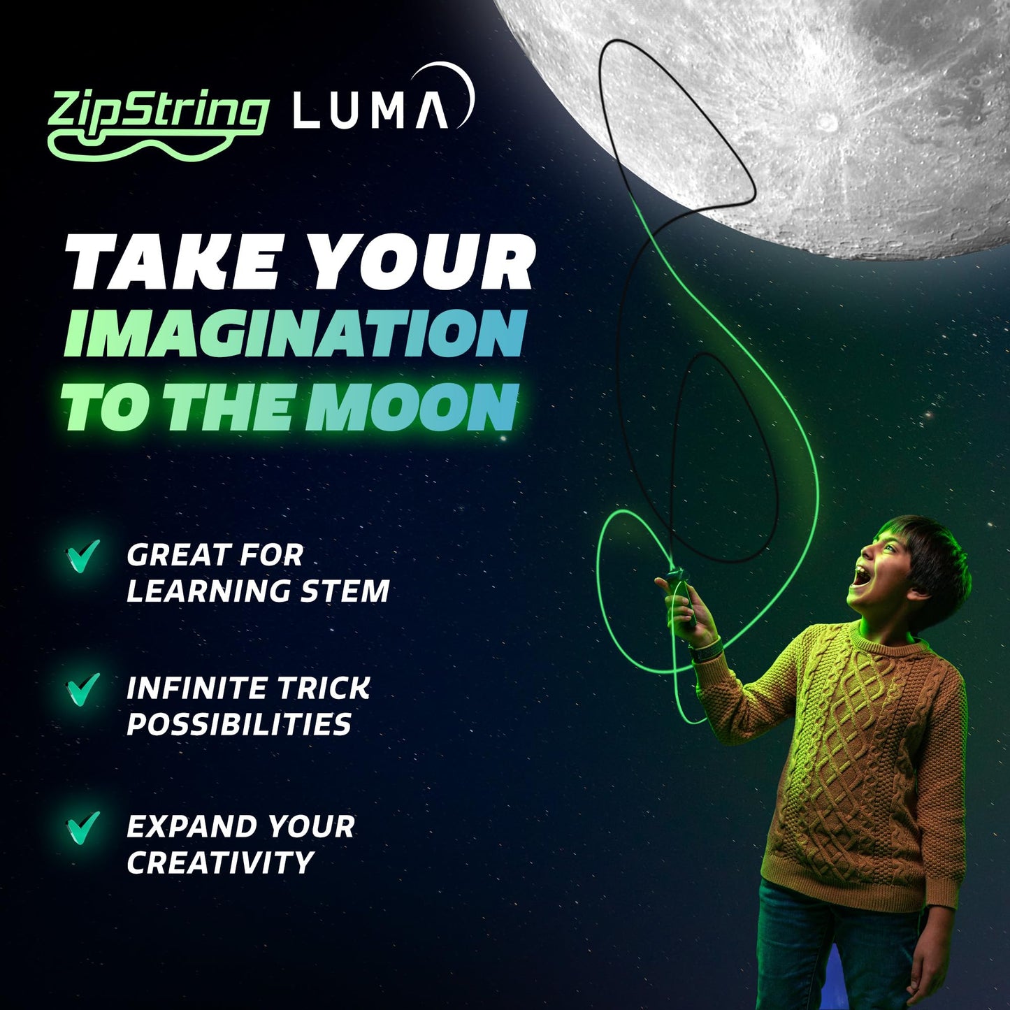 ZipString Lightning Luma Replacement Strings for Rope Launcher Toy – Pack of 3 – UV Reactive Glow in The Dark Fidget for Kids & Adults – Shark Tank Featured – Device Not Included
