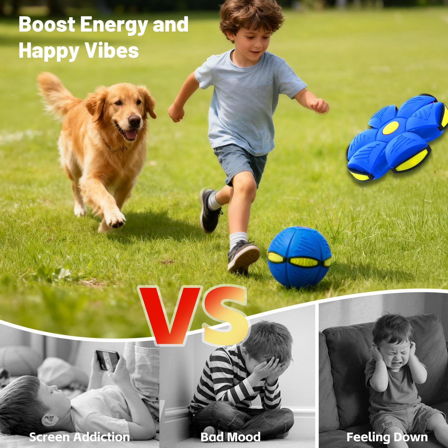 Magic Metaball, Children's Bouncing Ball, 2PCS Magic Flying Saucer Interactive Pop-Up Transform Toy, Parent-Child Interaction Red and Blue Bouncy Ball, Delay Frisbee Flying Disc Toy with 6 Light