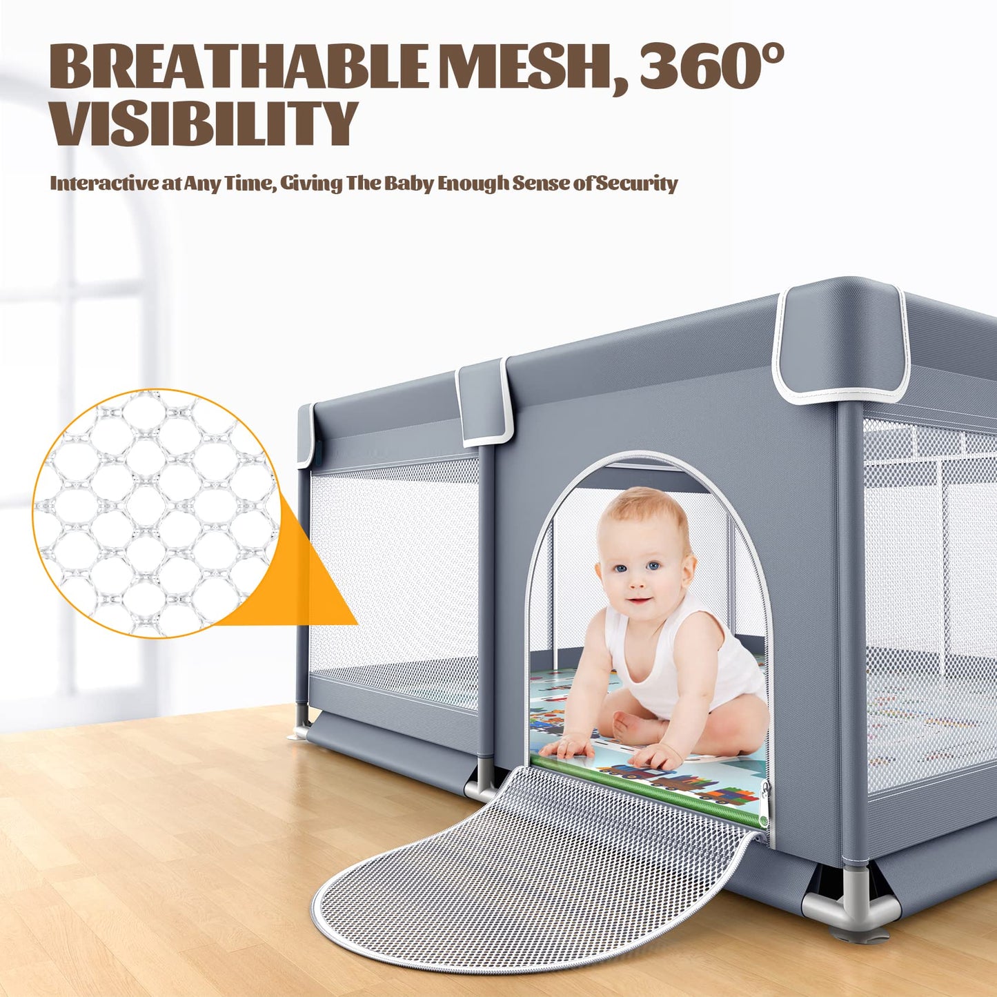 VANCLE Baby Playpen with Mat 50x50 Inch, Playpen for Babies and Toddlers, Playard for Kids Safety Play Yard Indoor & Outdoor Baby Fence Activity Center (50"x50", Gray)