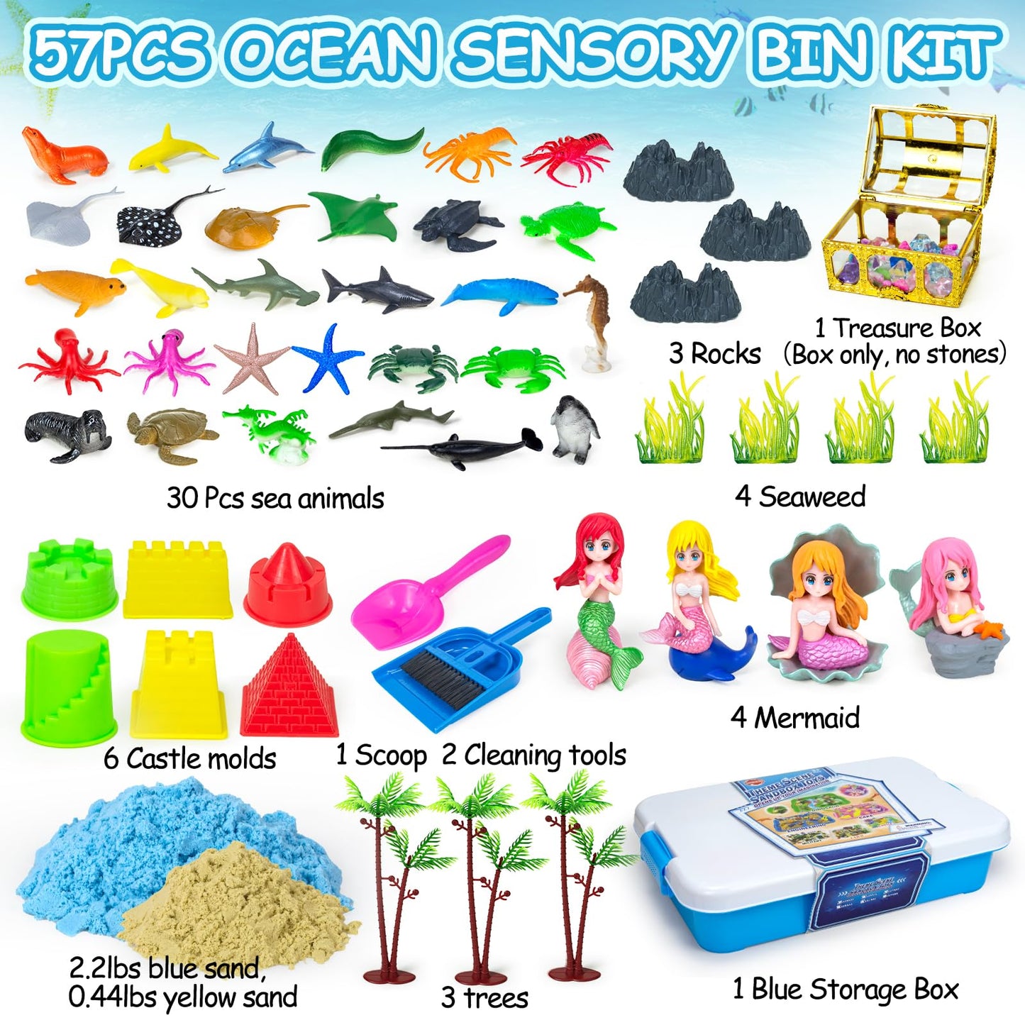 Bloolilies Sensory Bin, 57Pcs Ocean Mermaid Sensory Bins for Toddlers Sand Art Kit Sea Animals Molds Sandbox with Cover, Kids Play Sand Toys Playsand Birthday Gift for Boys Girls 3-5 6 7 8