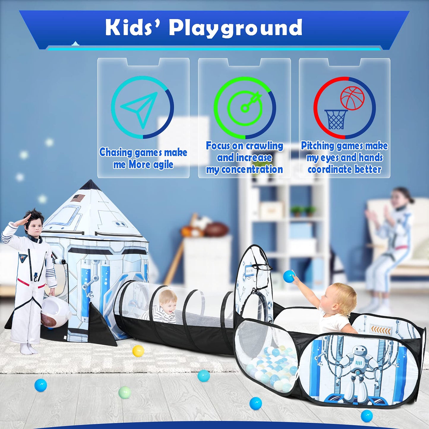 Senodeer Rocket Ship Kids Play Tent: 3Pcs Toddlers Pop Up Ball Pit and Play Tunnel for Indoor Outdoor, Spaceship Baby Playhouse Toys for 1-3 Year Old Boys Girls (3 in 1 Kids Tent)
