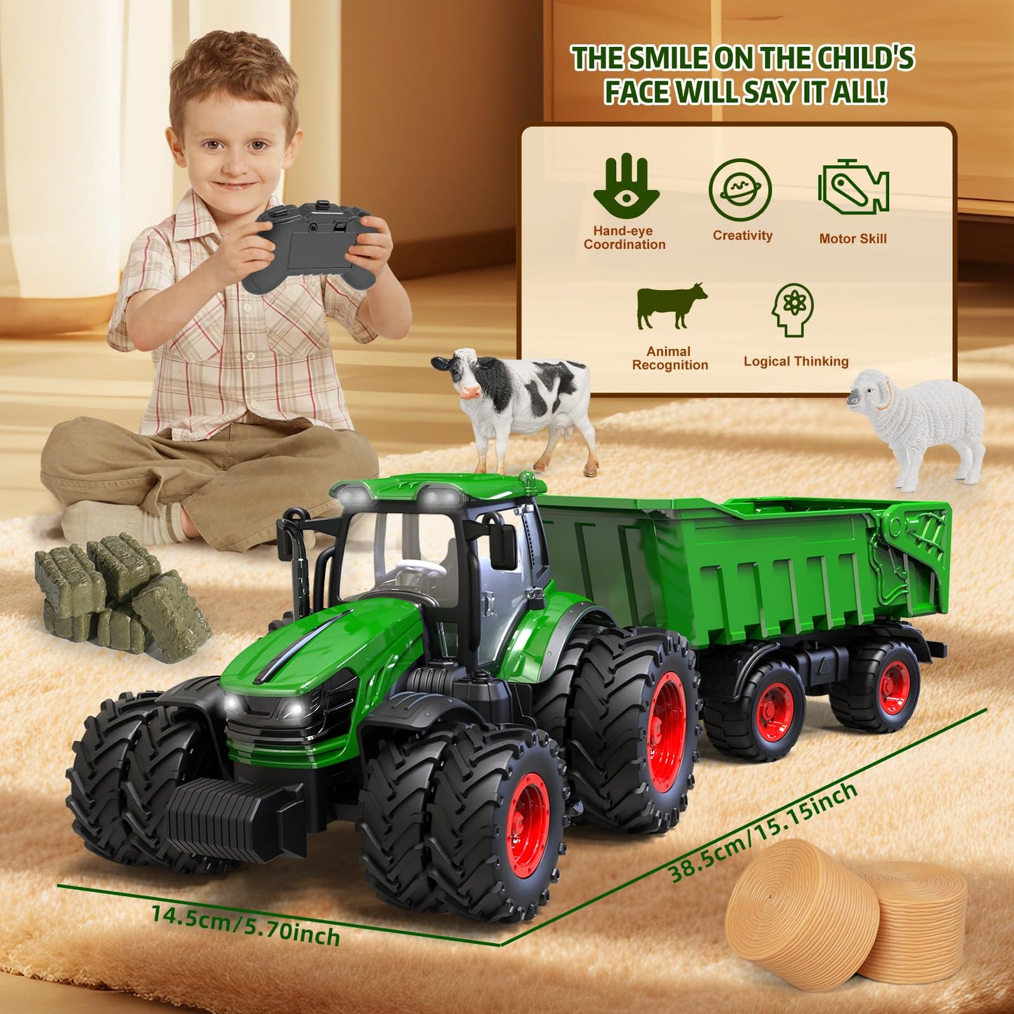 YKTrevok Remote Control Tractor Toy with Trailer | 2-in-1 8-to-4 Wheel Convertible Front Loader Tractor, Openable Doors & Hood with Lights, Farm Animals & Hay Bales, Gift for Kids Ages 3-9