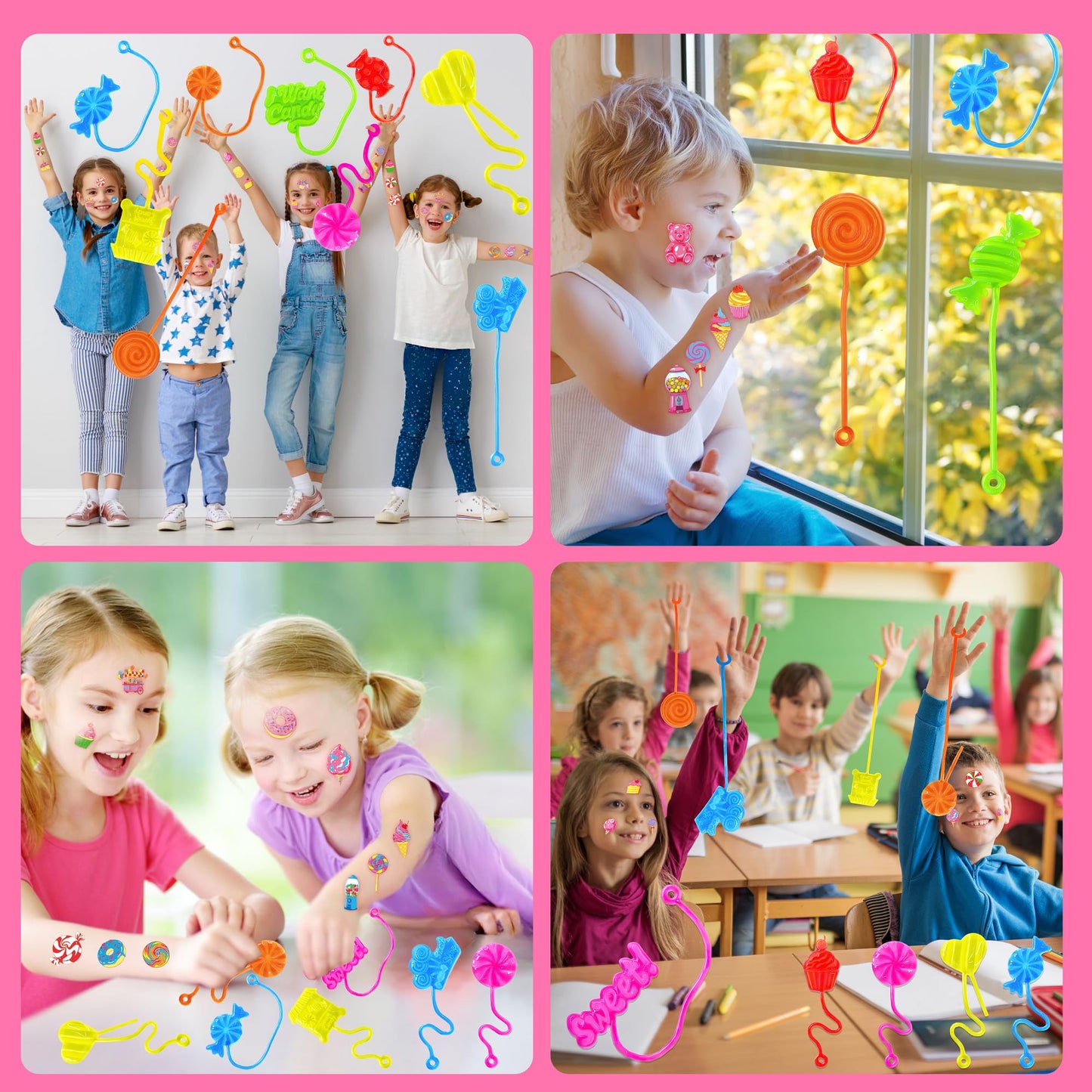 48PCS Candy Land Party Favors - 24PCS Temporary Tattoos & 24PCS Stick Hands Party - Perfect Birthday Party Supplies, Goodie Bag Stuffers, Treasure Box Toys, Classroom Prizes, and Student Gifts