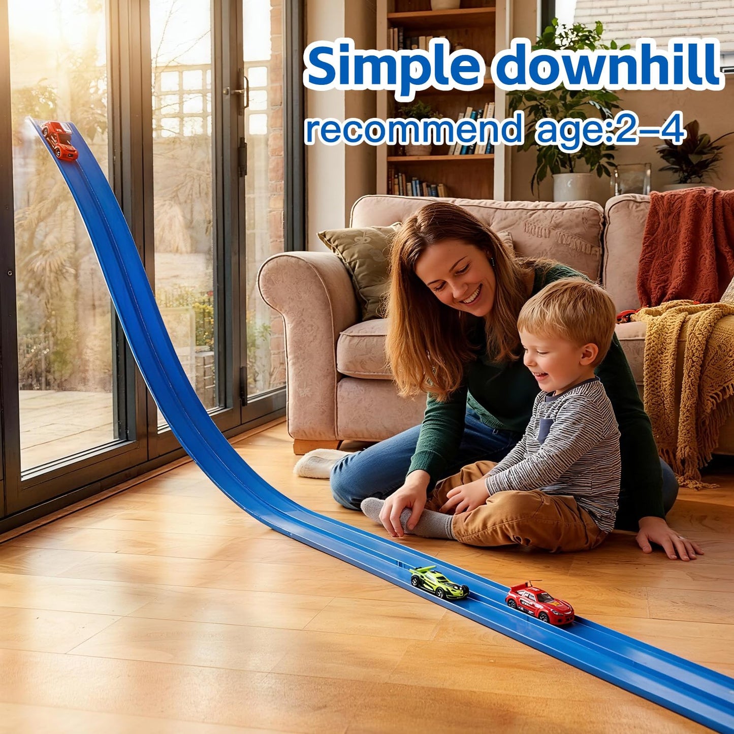16.5 Ft Flexible Race Track for Kids, Portable DIY Roll-Up Racetrack Set Compatible with Diecast 1/64th Cars - Includes 8 Racing Cars & Super-Grip Gravity Ramp, Birthday Gift for Boys Girls 3-8, Blue