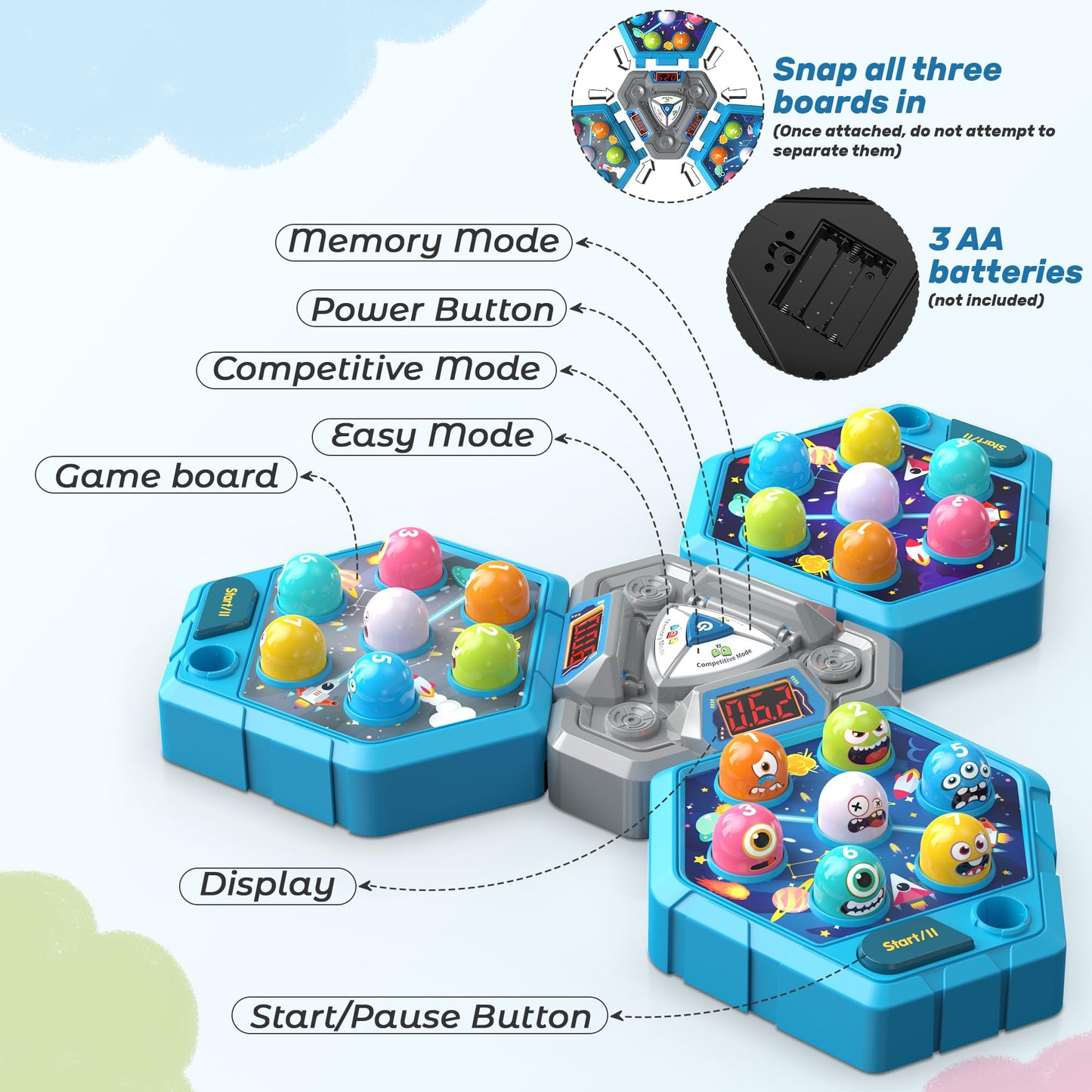 Whack Game Mole, Game 3+ Year Old, 3 Year Old Boy, 4 Year Old Toy, Gift for 3 Year Old, Boys Toys Age 4-6, 3-Players Whack Toy with 3 Modes, 7 Speeds, Light&Sounds, Birthday Gift for Todder(Blue)