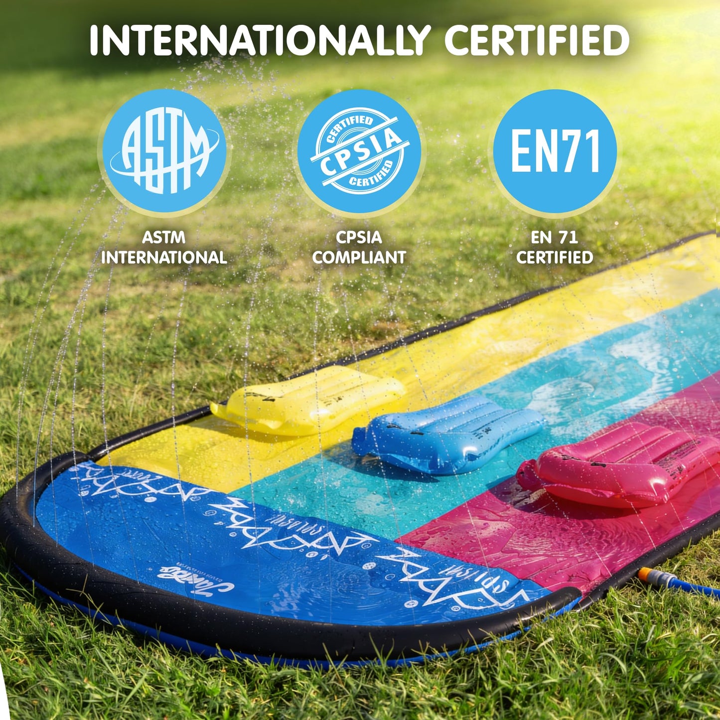 JAMBO XL 20Ft Summer Vibes Premium Slip and Slide with 3 Bodyboards, Heavy Duty Water Slide- Advanced 3-Way Water Sprinkler System, Backyard Waterslide Outdoor Water Toys n Slides for Kids