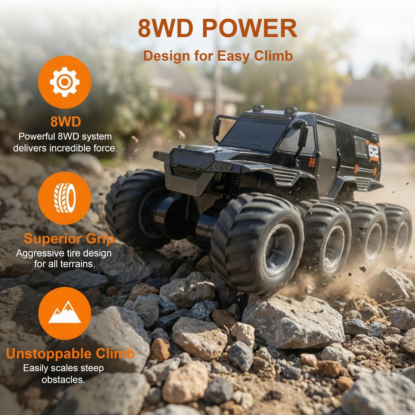 KB KAIBO 1:12 Large Amphibious Remote Control Car Monster Truck - 8WD All Terrain Waterproof RC Toy for Kids, 7.4V High-Speed Remote Control Car for Boys Girls Ages 6-12, Perfect Birthday Gifts -Black
