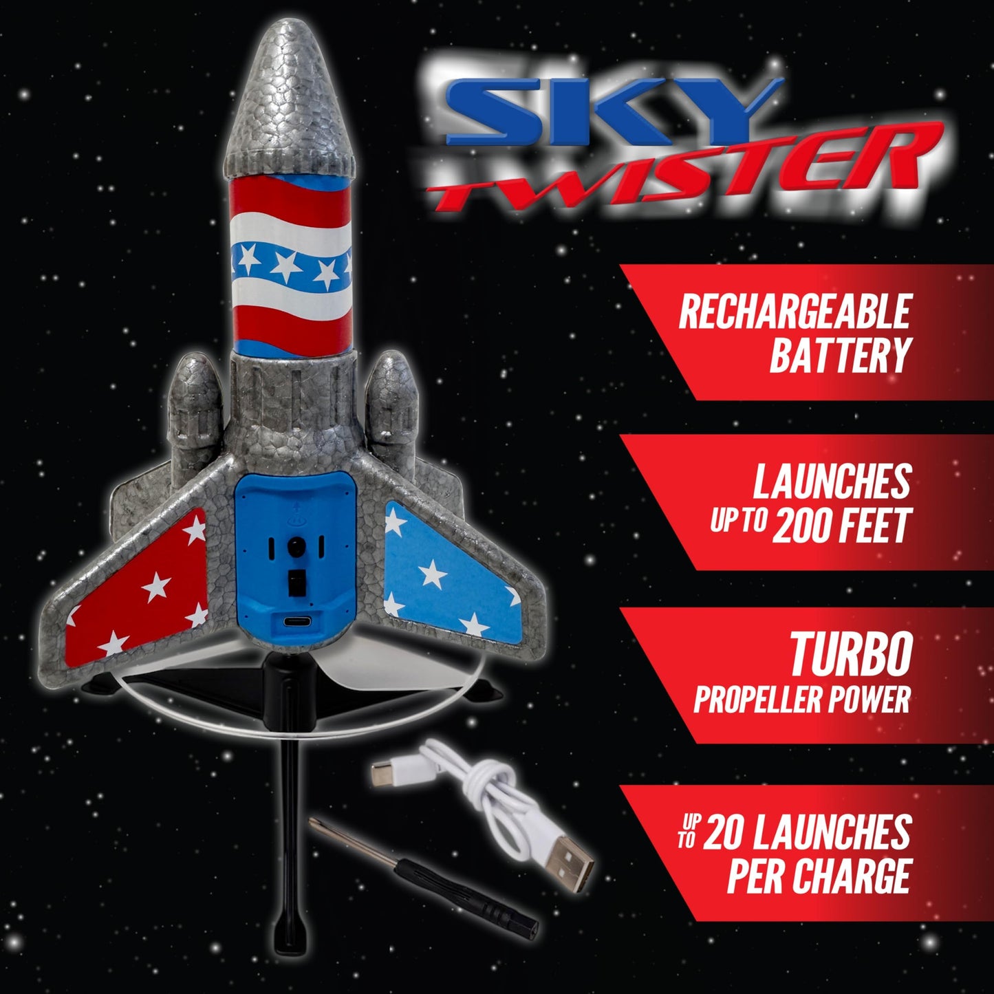 Hyper Drive SkyTwister Rocket – Rechargeable Electric Launch Rocket With Parachute Deploy – Flies Up To 200 Feet – Safe Toy For Kids Ages 8+ – Fully Self-Contained Launch Kit