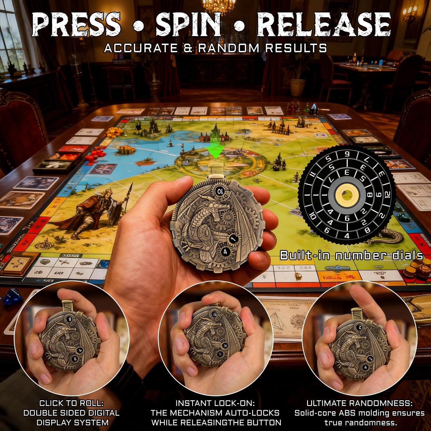 MinZerTRPG Roulette Dice 3.0 – Steampunk Dragon Spinner Dice for DND | 7-in-1 Metal Tabletop RPG Dice Set with Pouch | EDC Gadget Gift for Dice Goblins, DM & Fantasy Engineers (Steampunk Dragon A)