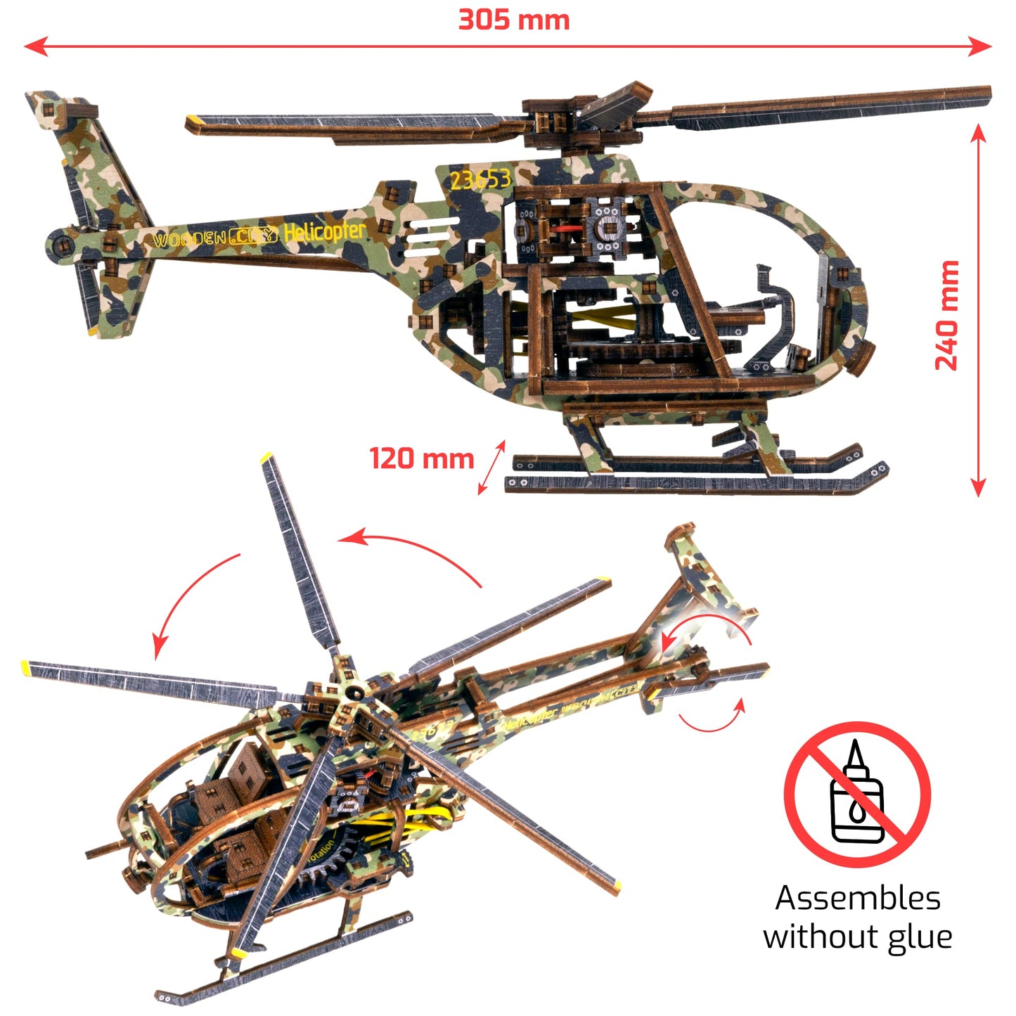 WOODEN.CITY Helicopter LE 3D Puzzles for Adults – Limited Edition Helicopter Kit with Rotating Propeller & 154 Laser-Cut Pieces – Build & Display Rotary Aircraft for Adults & Teens – Wooden Model Gift