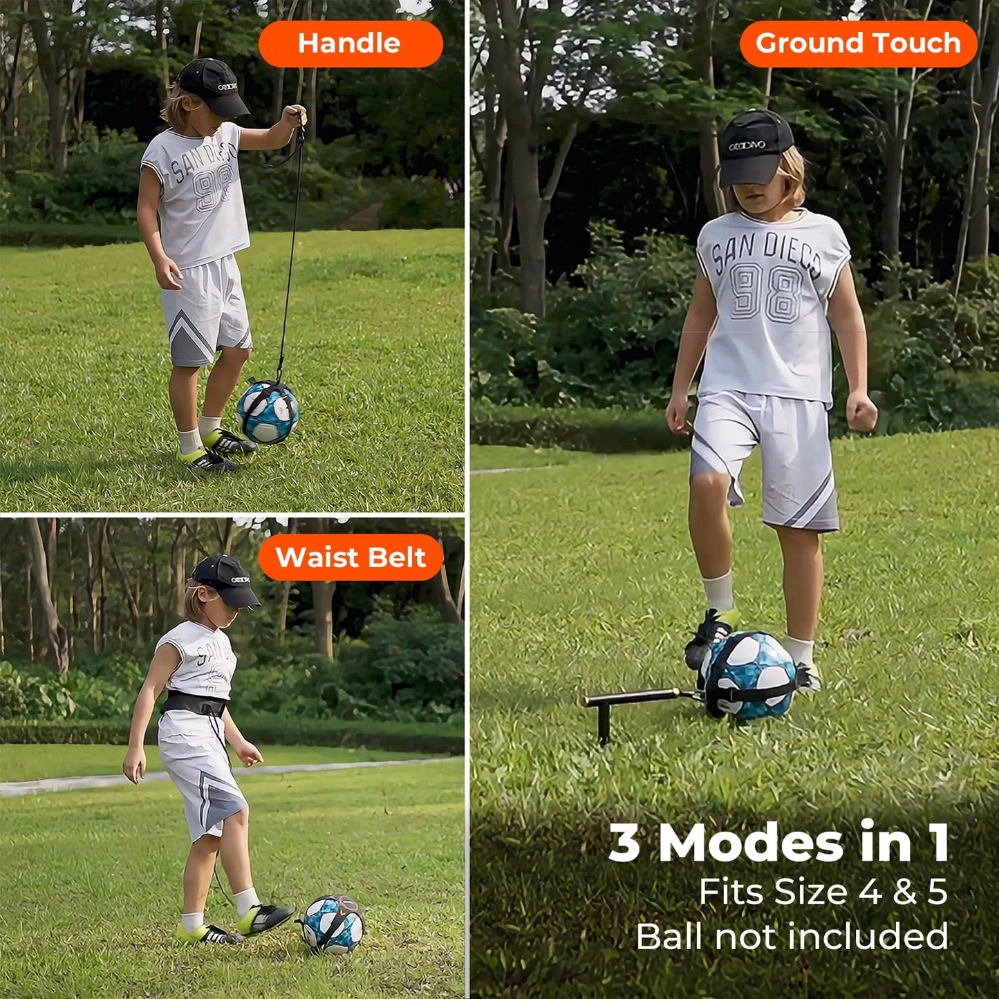 Xerceo 3 in 1 Soccer Training Aid, Inground Soccer Kick Touch Trainer, Hands Free Soccer Kick Trainer and Handle Soccer Kick Trainer for Kids(Fits Ball Size 4 and 5)