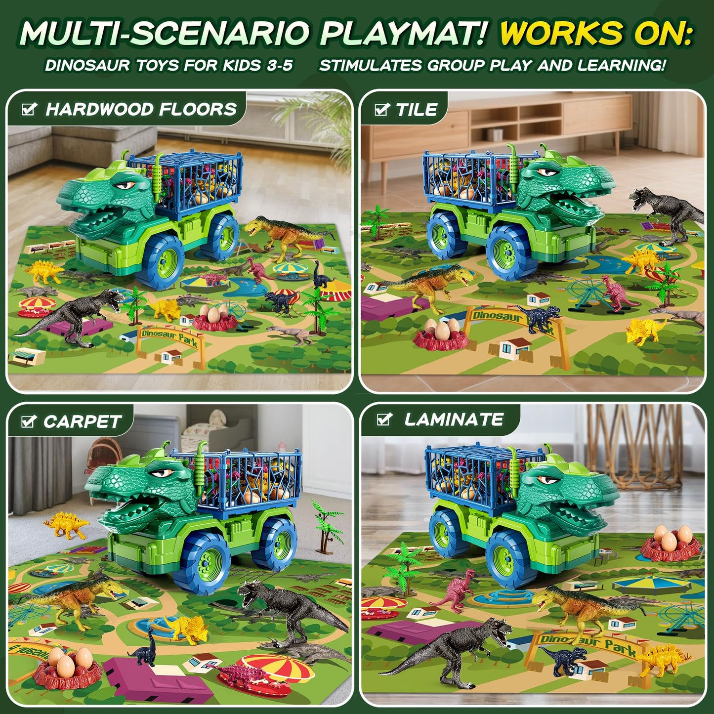 DULONIME Dinosaur Cars Truck Toys for Kids 3-5 with 8 Dinosaur Figures, Activity Play Mat, Jurassic Play Set for Boys and Girls Ages 5-7