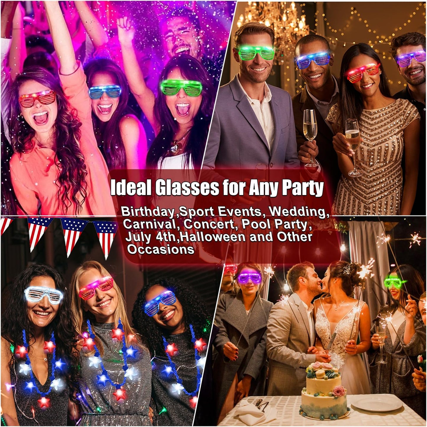 30 Pack LED Glasses Glow in The Dark Party Supplies Glow Sticks Glasses Party Favors Rave Neon Shutter Shades Light Up Glasses Sunglasses Party Favors for Kids/Adults Birthday Wedding Patriotic