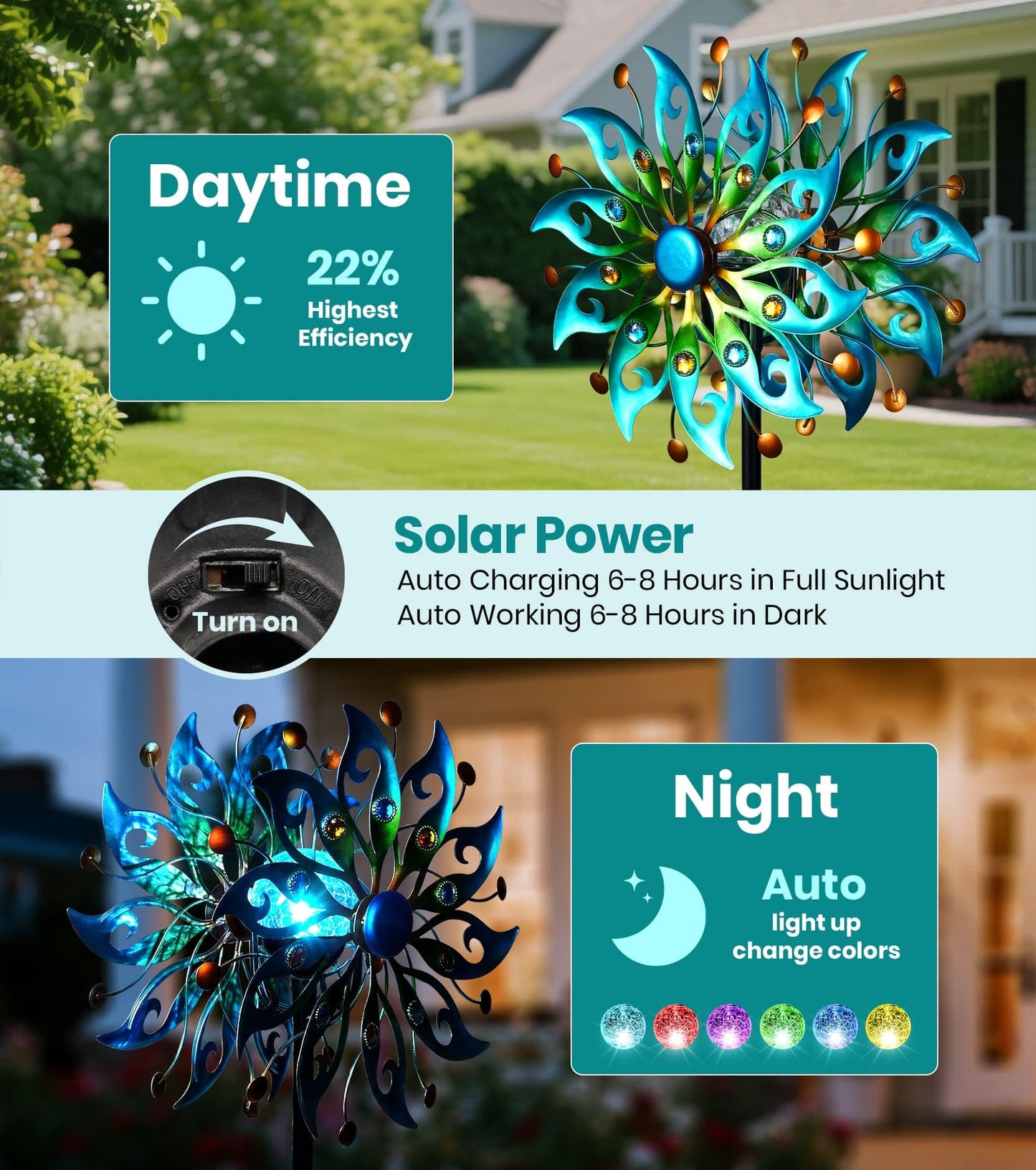 VUFOZ Solar Wind Spinners Outdoor – H63xW13 Metal Kinetic Garden Spinner with Crackle Glass Ball & Built-in Solar Panel – Peacock-Style Yard Wind Sculpture with LED Light