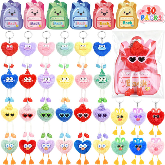 MOVINPE 30 Pack Kids Keychains Easter Egg Fillers, Fluffy Plush Keychains with Gift Cards & Bags, Bulk Classroom Goodie Bags Pinata Toys Classroom Prizes Elementary Carnival Prizes in Bulk