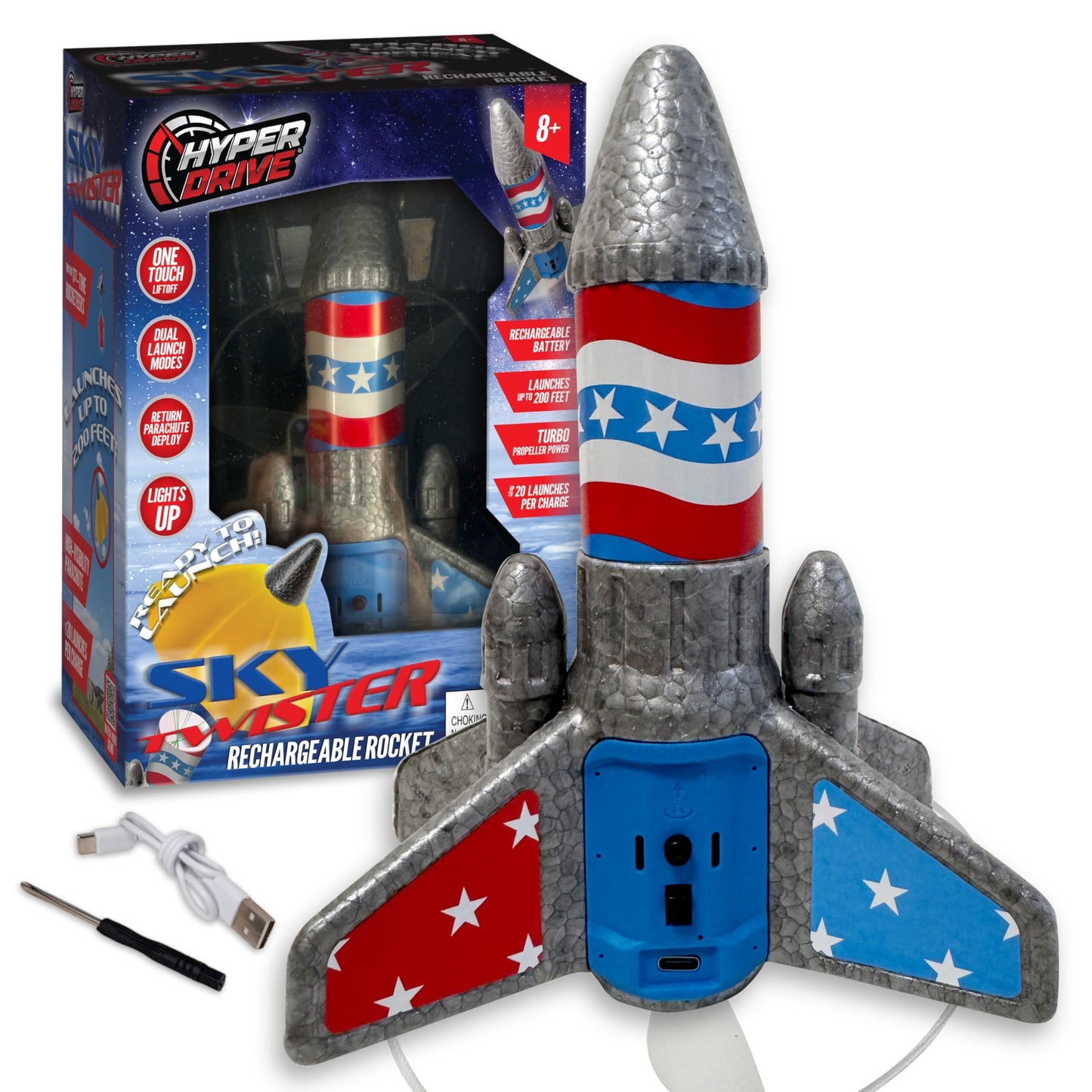 Hyper Drive SkyTwister Rocket – Rechargeable Electric Launch Rocket With Parachute Deploy – Flies Up To 200 Feet – Safe Toy For Kids Ages 8+ – Fully Self-Contained Launch Kit