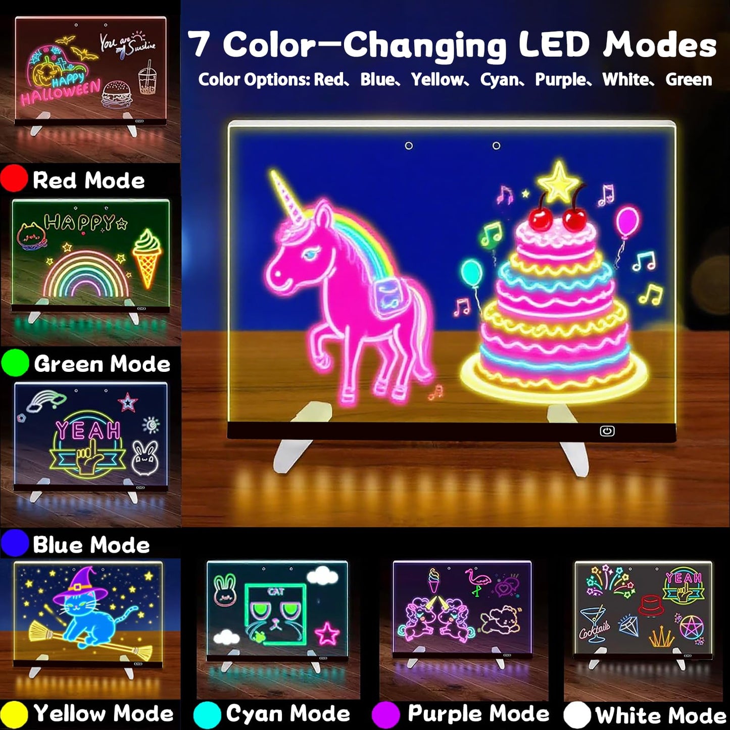2026 LED Drawing Board with Colors, Glow Doodle Acrylic Dry Erase Board for Kids Ages 6+, 13.7"x10" Rechargeable Light Up Note Boards for Boys & Girls Drawing & Creative Play
