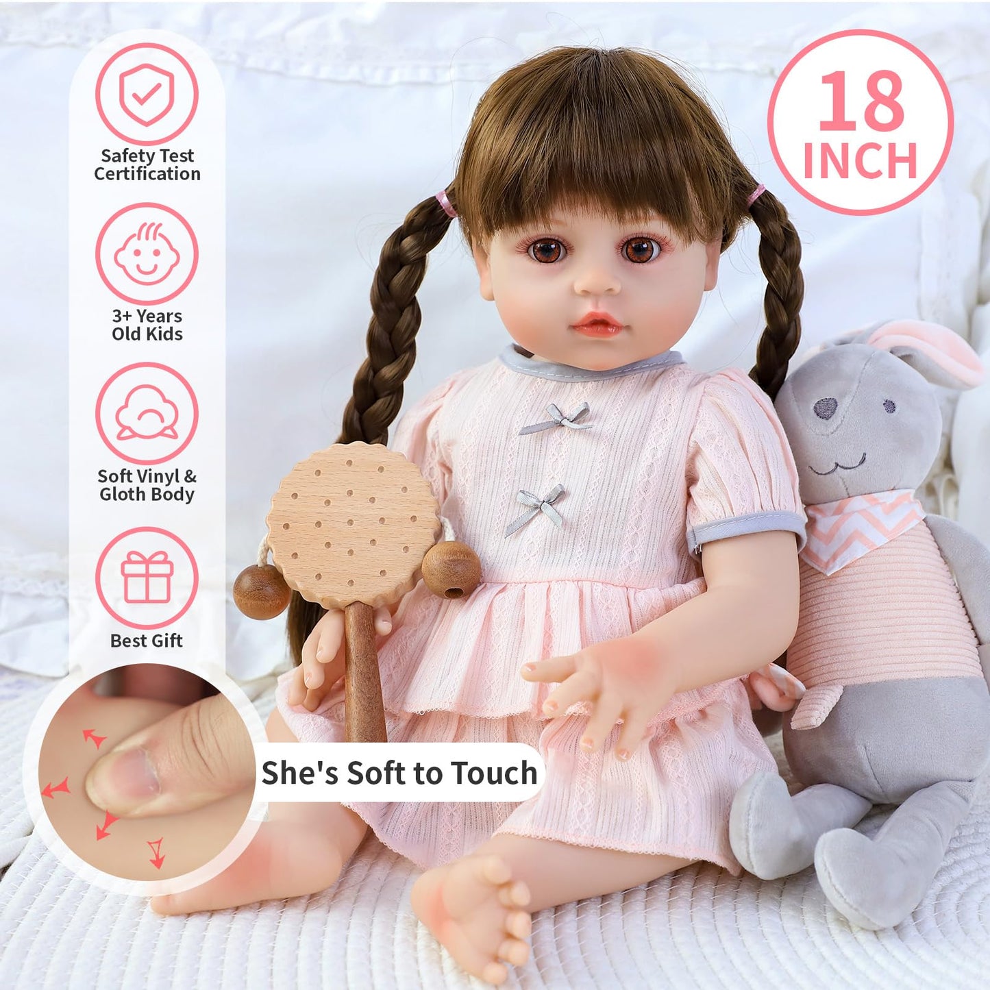 SCOM 18 Inch Reborn Baby Doll Girl with Long Hair, Lifelike Vinyl Baby Doll with Realistic Facial Details & Weighted Body, with Accessories, for Kids 3+, New Parents Training & Elderly Companion Play
