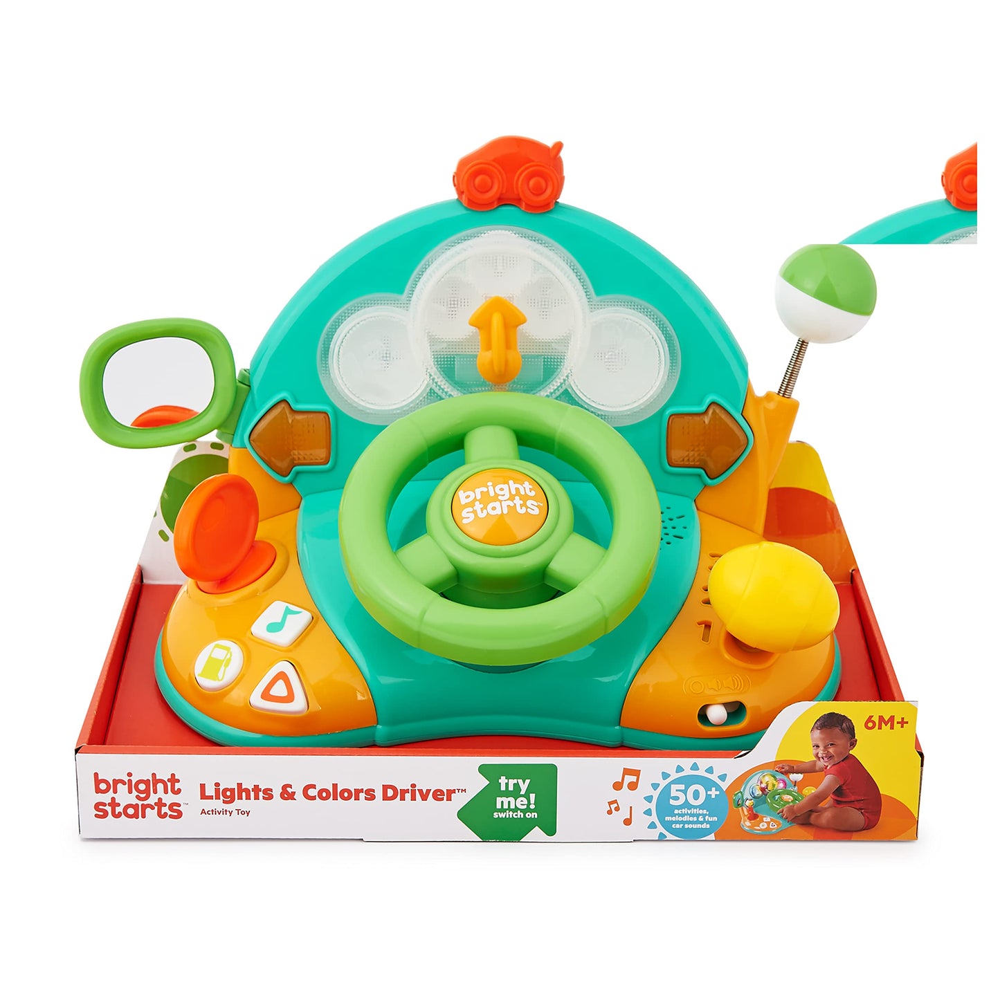 Bright Starts Lights and Colors Driver Toy Steering Wheel with Car Sounds for Pretend Play - Green, 6 Months and up