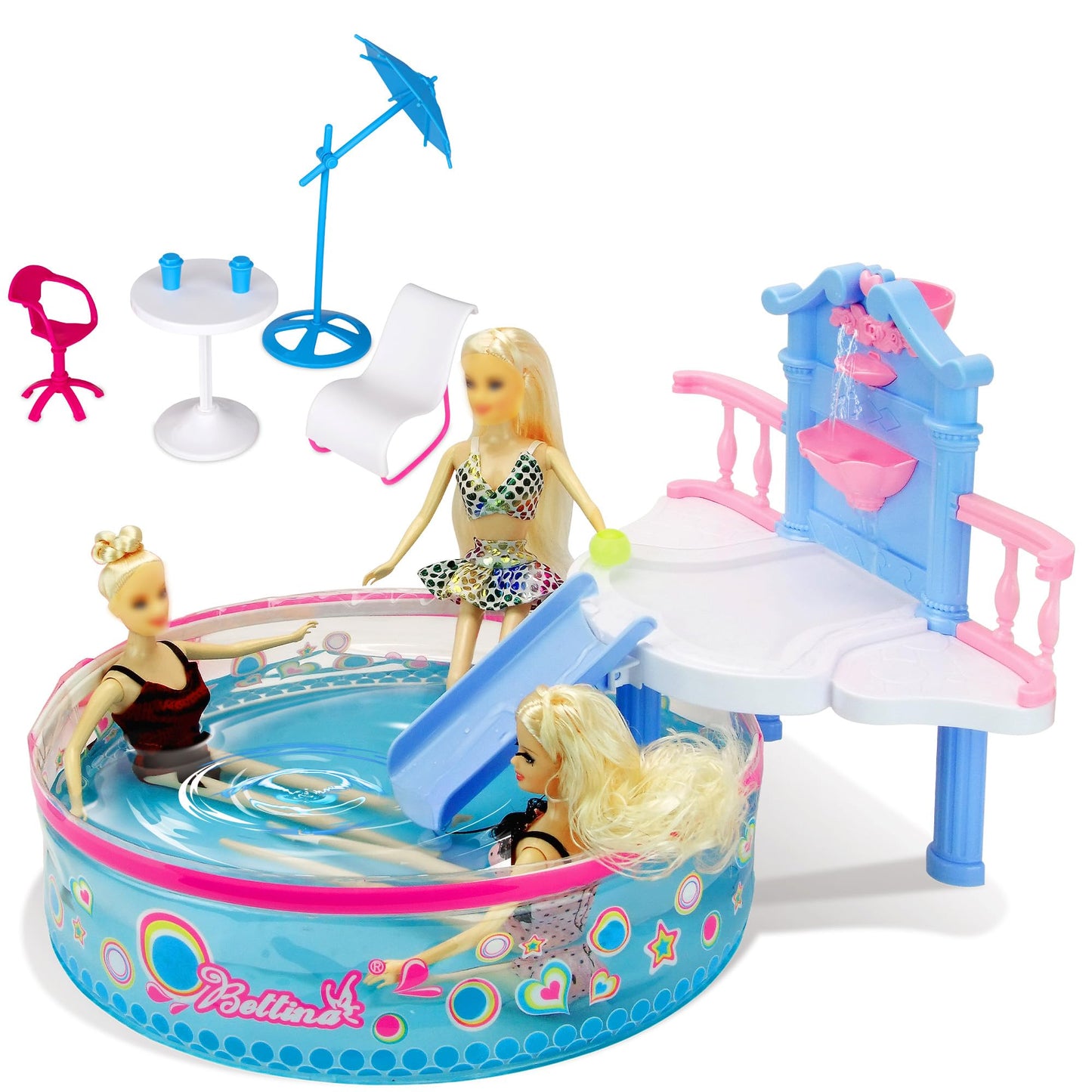 Glam Deluxe Doll Pool Playset with 7 Pcs Accessories, Fits 12 Inch Dolls, Kids Gifts for 3 to 8 Year Olds Girls, Bath Toys for Toddlers, Birthday & Xmas Gift for Girls & Kids Aged 3+