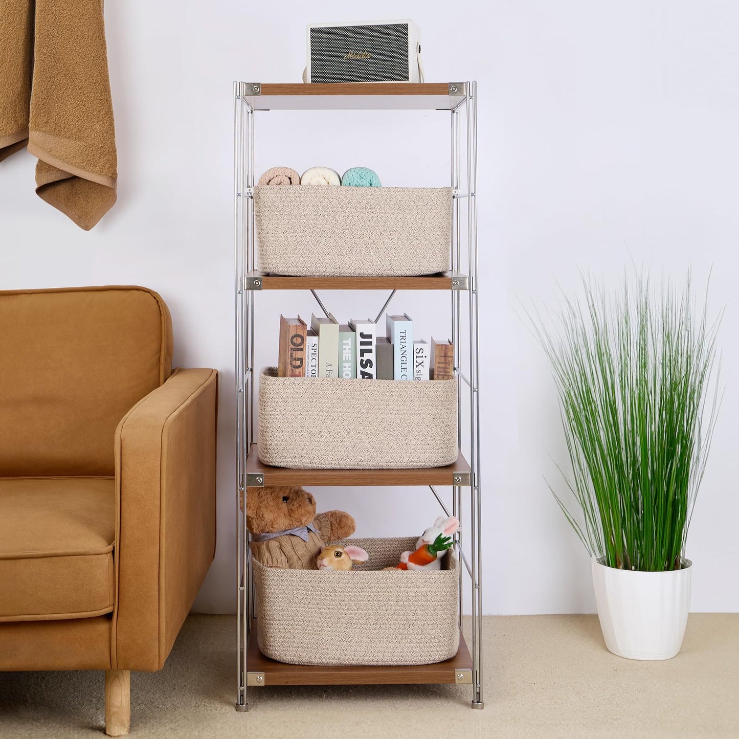 MiniArk Large Storage Baskets for Shelves, Closet Organizers Bins for Clothes Blanket Towels, Baby Nursery, Toy Baskets Box, Woven Rope Baskets, 17 x 13 x 7.5”, 3 Packs Mixed Brown