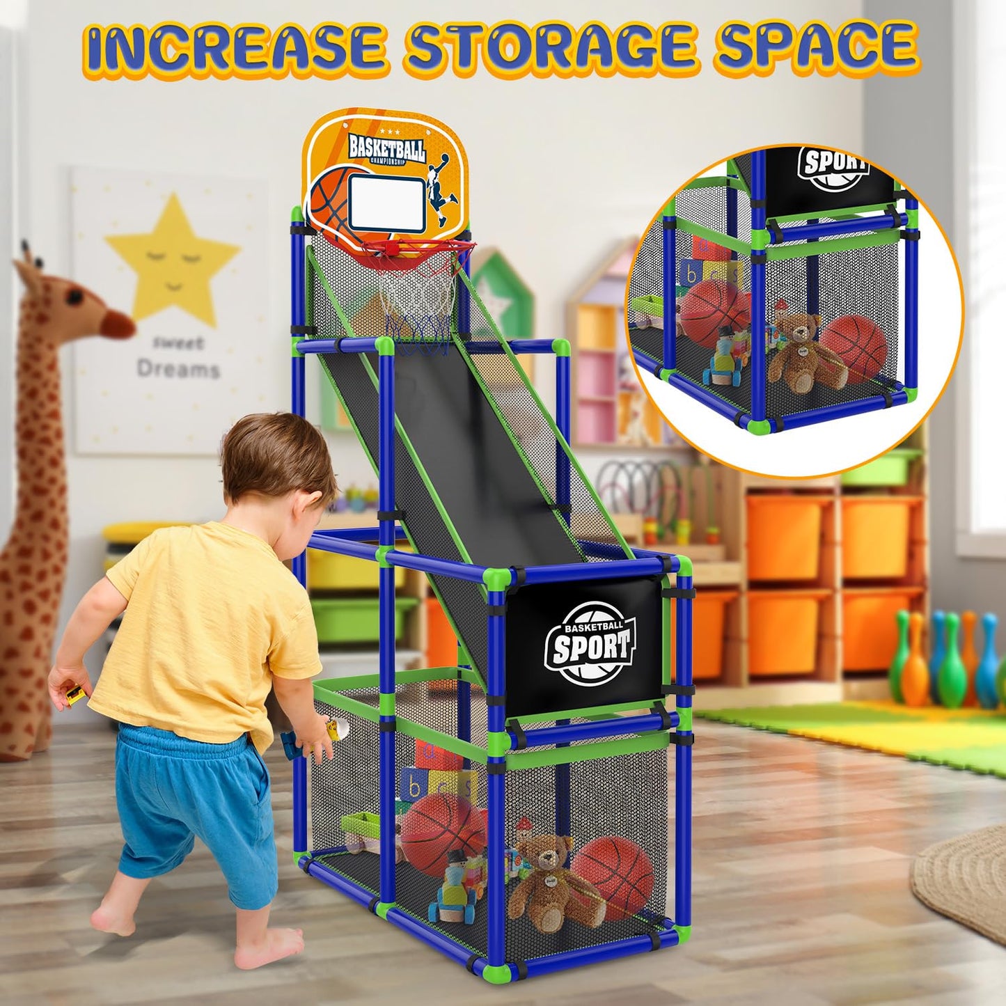 EagleStone Arcade Basketball Hoop Game Indoor, Ajustable Height Indoor Basketball Hoop with 4 Balls Storage Design for Kids,Perfect Sports Outdoor Play Toys for Kids Age 3 to 6 Years