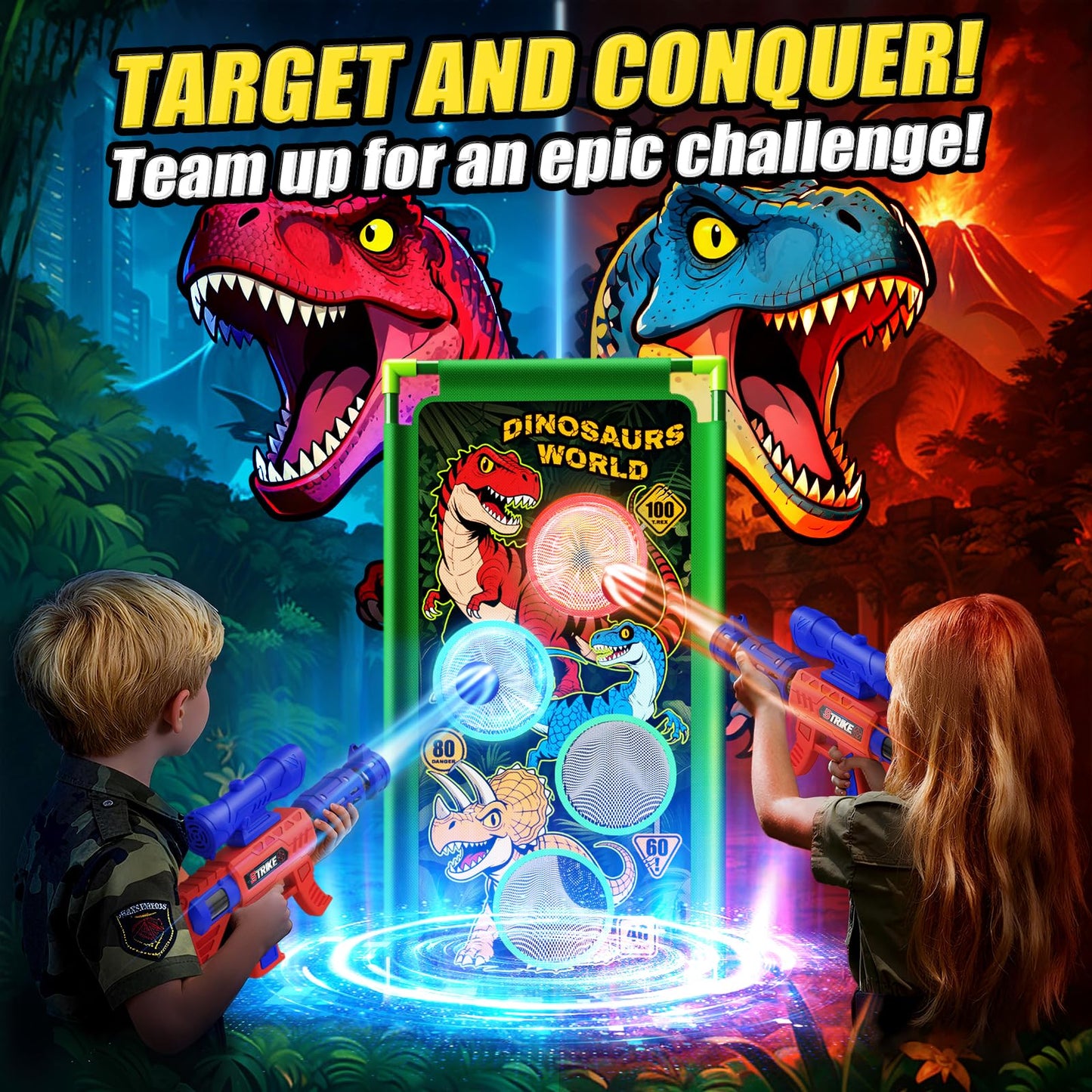 Dinosaur Shooting Game Toys, 2 Air Pump Launcher with Aiming Fun, 3 Dinosaur Theme & 4 Target Score Points, 24 Foam Balls, Indoor Outdoor Toy Gift for Kid Boy 3 4 5 6 7 8 9 10 11 12 Year Old Age 3-12
