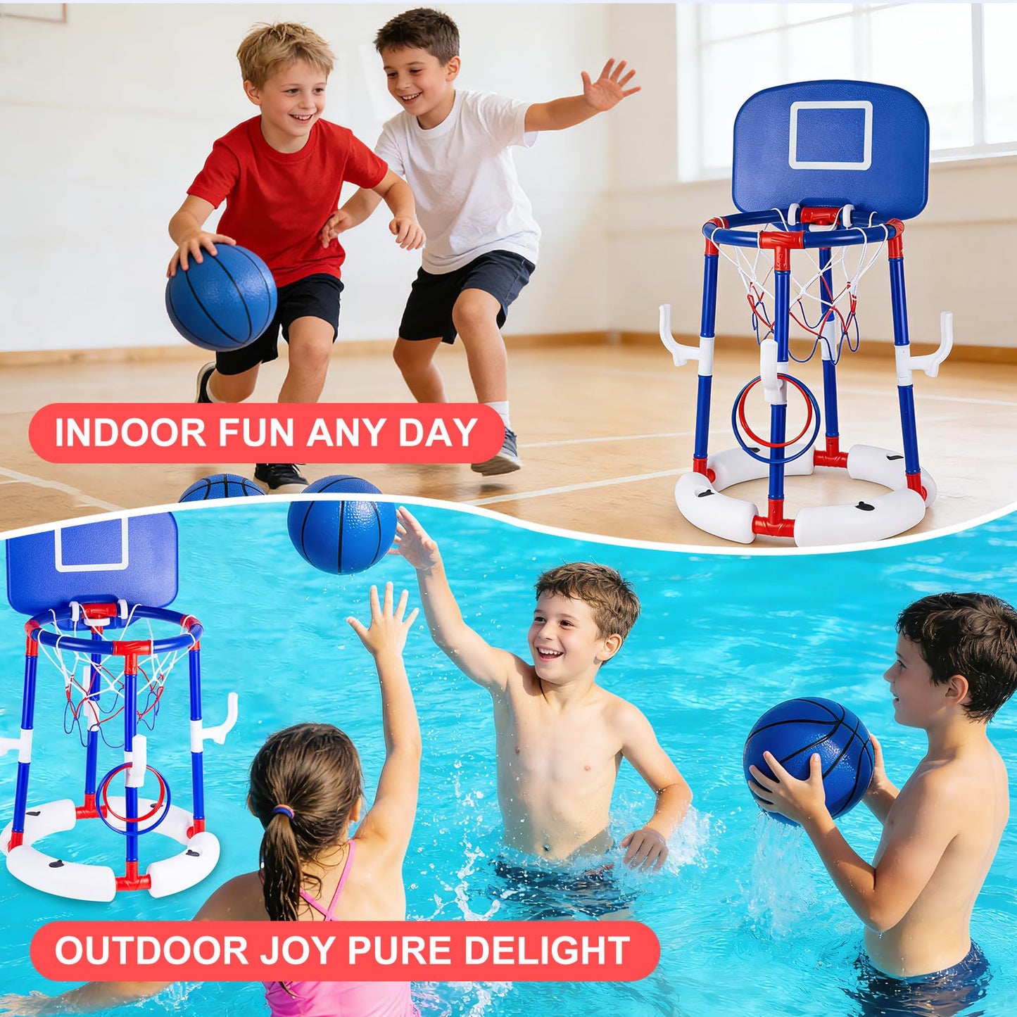 EXCECAR 2-in-1 Floating Pool Basketball Hoop Set,Blue Swimming Pool Basketball Hoop with Backboard,4 Balls,6 Rings & Pump,Water Basketball Hoop for Pool Party Fun & Outdoor Indoor Pool Toys