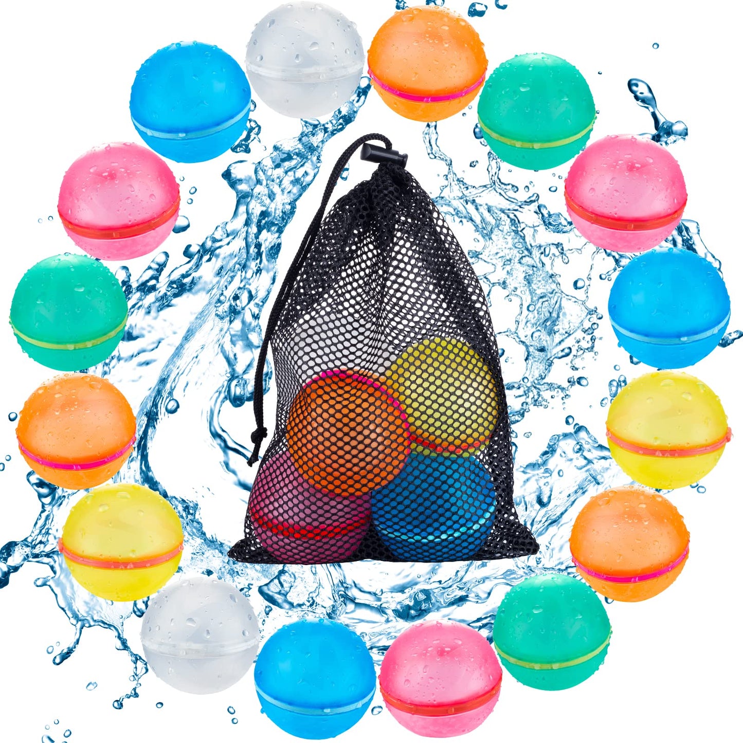 Tizikcon 16PCS Reusable Water Balloons, Refillable Silicone Bath Pool Beach Toys for Kids, Quick Fill Self-Sealing Splash Balls for Outdoor Water Fun Summer Family Games