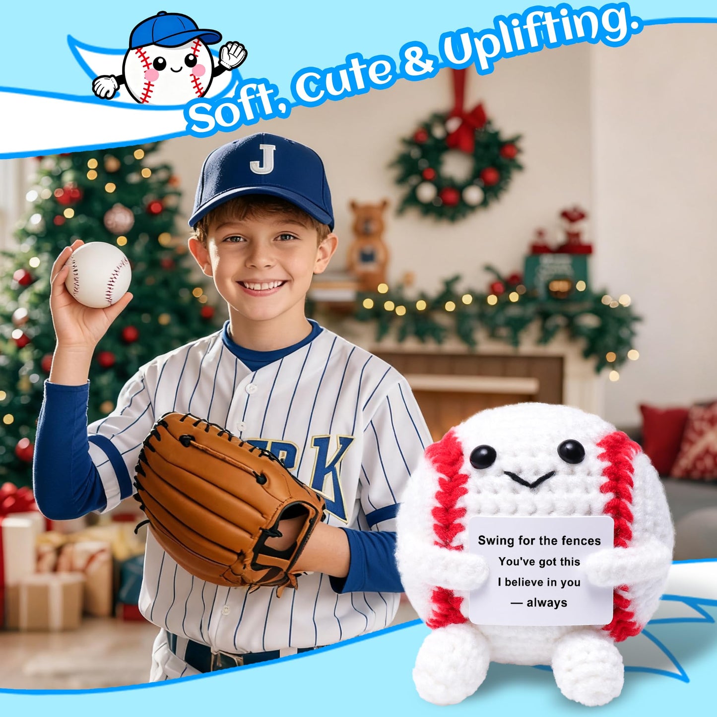 OkiyiD Mini Funny Positive Gifts Baseball, Knitted Wool Baseball Crochet Toy with Positive Card, Creative Cute Emotional Support Cheer Up Keepsake Gift for Kids Boys Men College Temmate