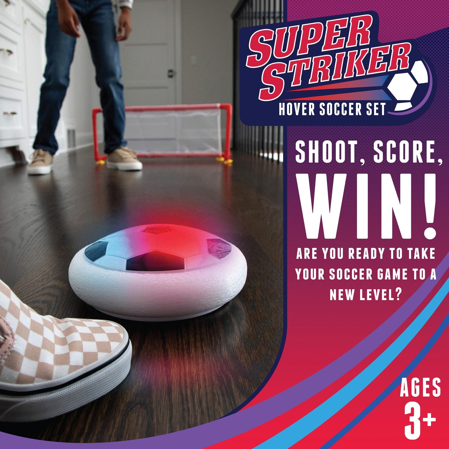 MindWare Super Striker Hover Soccer Ball Set - Indoor Soccer for Kids Ages 3 and Up - Flashing LED Lights - USB Charger - Includes 2 Sturdy Nets for 1 or 2-Player Indoor Games for Kids 8-12