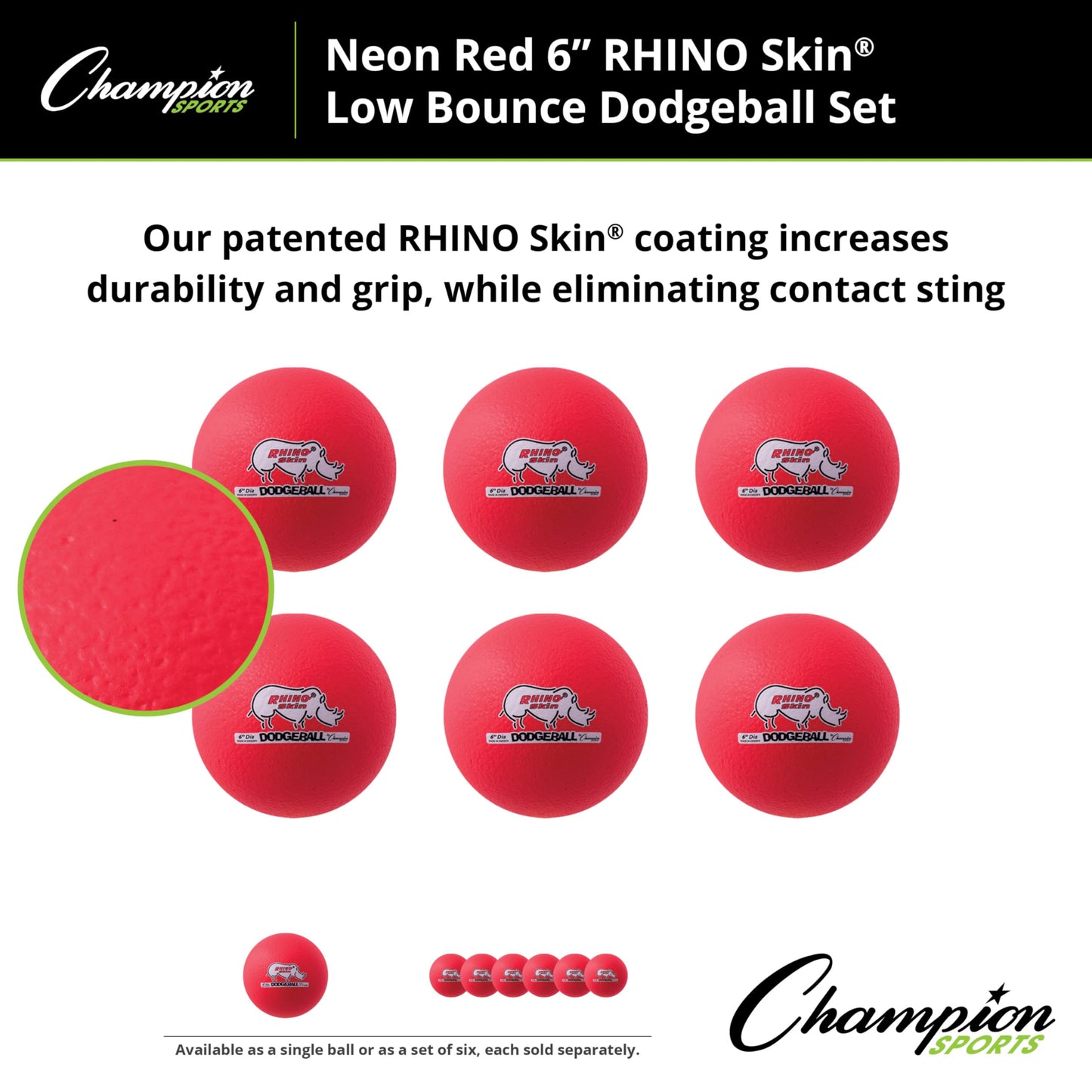 Champion Sports 6" Neon Red Rhino Skin Low Bounce Dodgeball Set