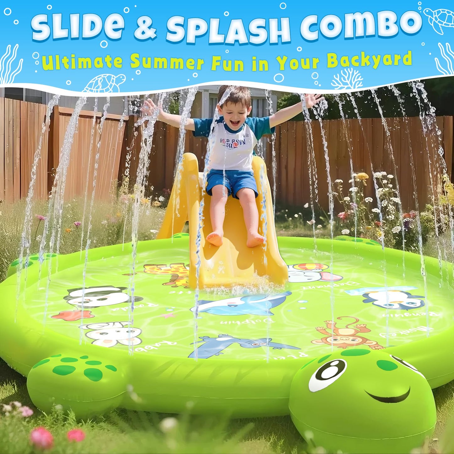 tmstorys Splash Pad for Toddlers 1-3, 67" Turtle Sprinkler & Splash Play Mat, Inflatable Baby Kid Pool, Summer Outdoor Water Toys for Toddlers, Boys, Girls Backyard Garden Lawn Games
