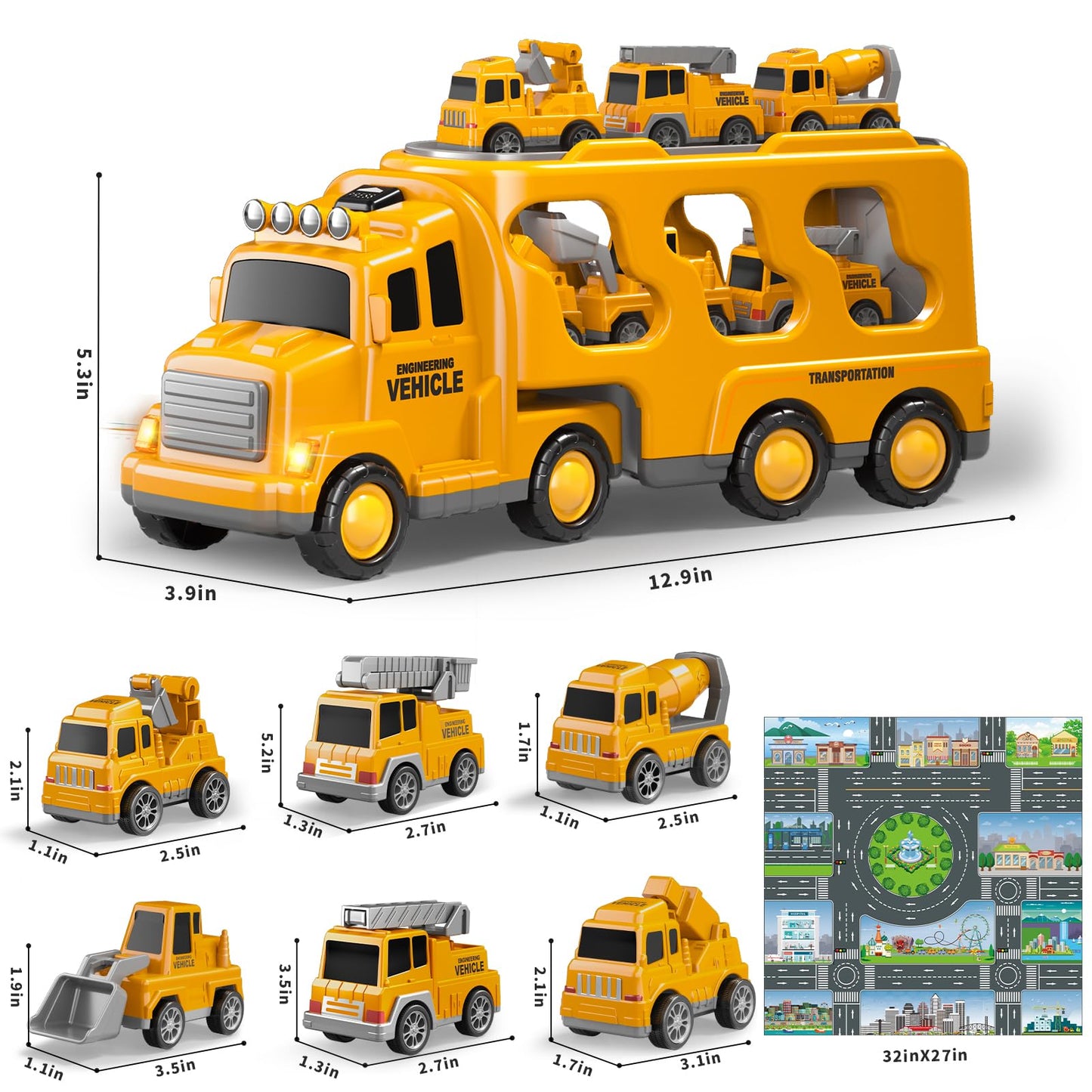 Beby Buty 8 in 1 Construction Trucks Cars Toys for Toddlers 3-5, Boy Toddler Car Truck Toys with Playmat and Light Sound, Birthday Gifts for 3 4 5 6 Year Old Boy