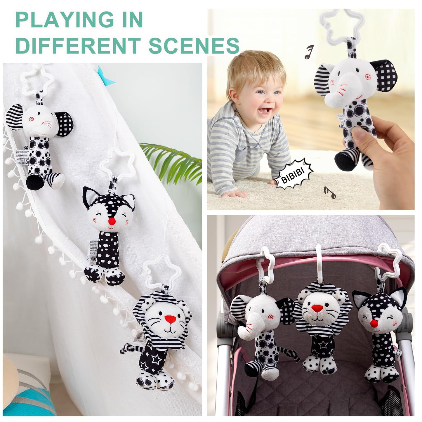 JINBOBUBU Black & White Baby Wind Chime Hanging Toys - High Contrast Rattles for Newborns 0-12 Months, Stroller & Car Seat Mobile, Hanging Rattle Toys for Babies, Clip Hanging Plush Squeeze Toys