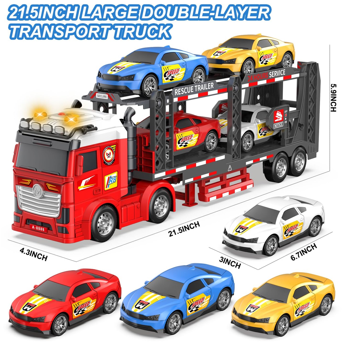 DOWELLIN Carrier Truck Race Car Toys for 3 4 5 6 7 Years Kids, 21.5" Friction Powered Double Layer Semi Transport Truck Toy with 4 Racing Cars, Light&Sound Vehical Toys, Xmas Gift for Boy Girl-Red