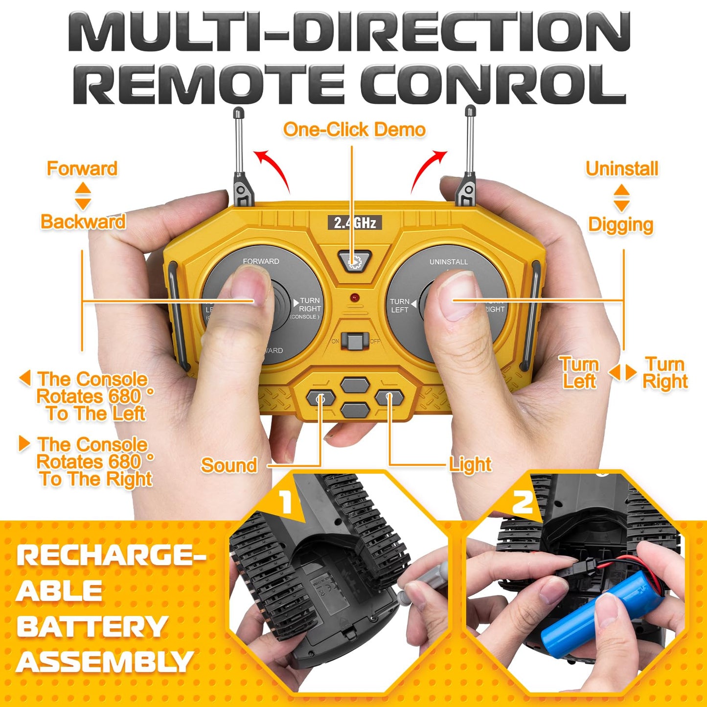 Samtop Remote Control Excavator Toys, 11 Channel 1:20 RC Construction Vehicles, 680° Rotation Car Toys for 6 7 8 9 10 Year Old Boys Kids, RC Truck Digger Toys Christmas 3 4 5 Birthday Gifts