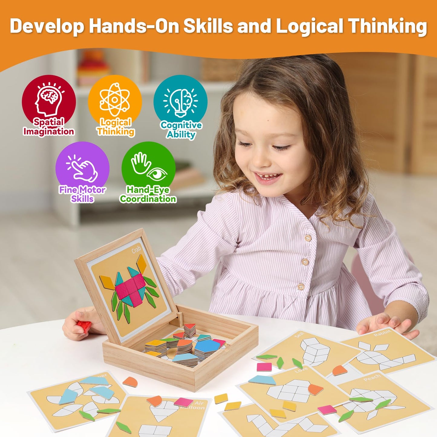 ODRIEW 130 Pcs Wooden Magnetic Pattern Blocks Set, Montessori Tangram Puzzle with Pattern Cards & Storage Box, STEM Educational Toy for Toddlers & Kids Ages 4–8, Creative Gift for Boys & Girls