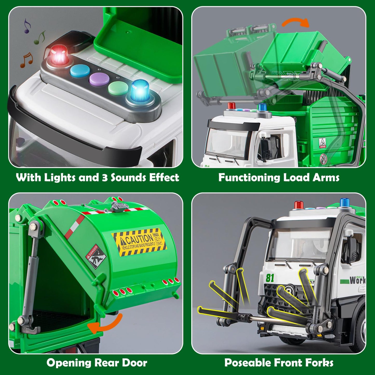 TAKGUD Garbage Truck Toys for Boys, 12" Big Trash Truck with Lights and Sounds, Friction Powered Waste Management Recycling Toy Set with 4 Trash Cans and Sorting Cards, Gift for Kids