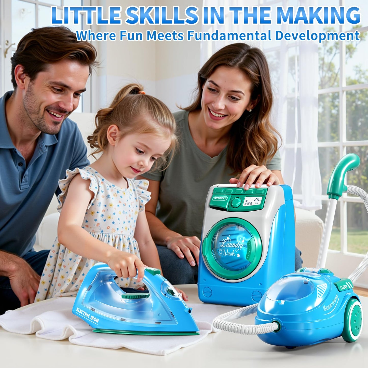 KIZONLY Toy Cleaning Set for Toddlers 1-3, Kids Cleaning Toy with Toddler Vacuum Cleaner, Toy Washing Machine, Small Iron, Light and Sound, Pretend Play Birthday Gifts for 3 4 5 6 7 8 Year Old Girl