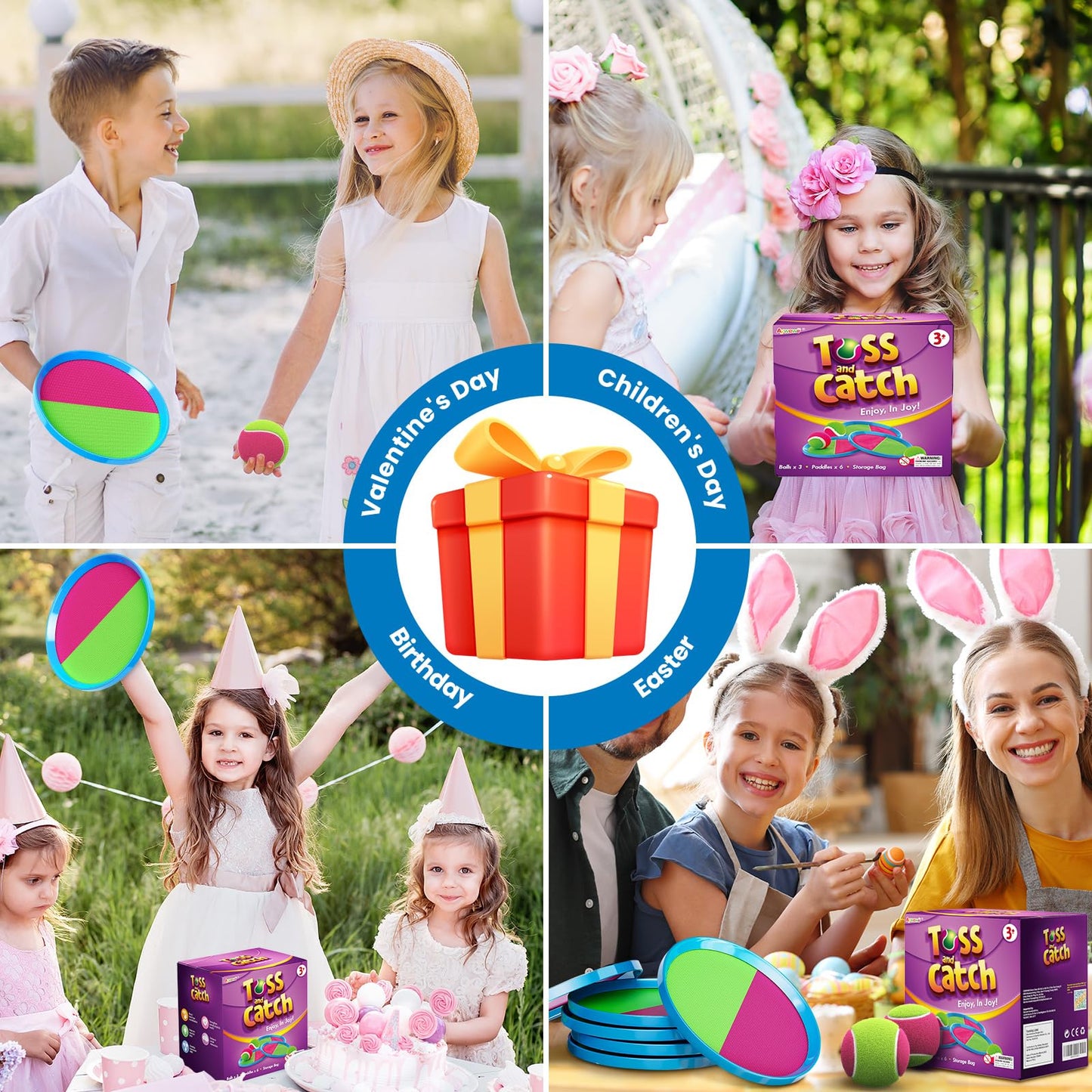 Aywewii Toss and Catch Ball Set Game Kids Outdoor Toys for Beach Pool Yard, Birthday Gift for Boy Girl Ages 3 4 5 6 7 8-12 Year Old, Outside Family Party Camping Games, 6 Paddles 3 Balls & Carry Bag