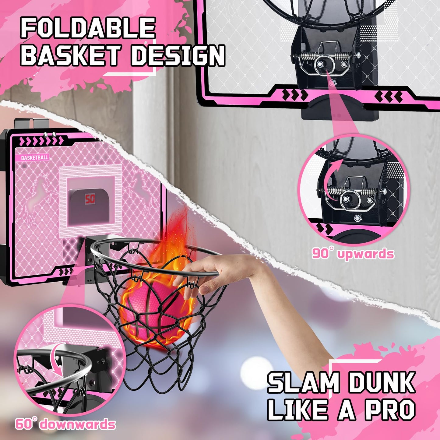 Basketball Hoop Indoor Kids Girls Pink - Mini Over The Door Basketball Hoops with Electronic Scoreboard Toys & 3 Balls, Unicorn Birthday Gifts Age 5 6 7 8 9 10 11 12 Year Old Girls