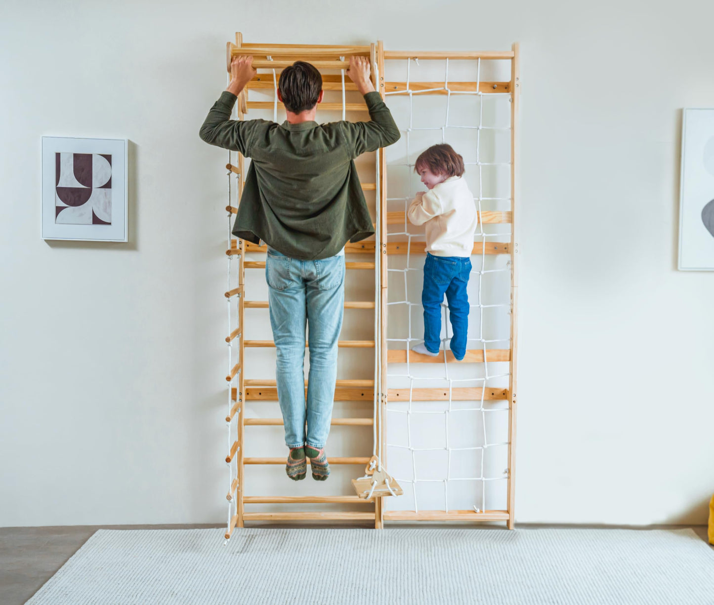 Avenlur Neem 5-in-1 Swedish Ladder Wall Gym with Cargo Wall Climber, Swedish Ladder Swing, Rope Ladder, Adult Pull-Up Bar, and Indoor Slide - Indoor Jungle Gym for Kids and Adult (79")